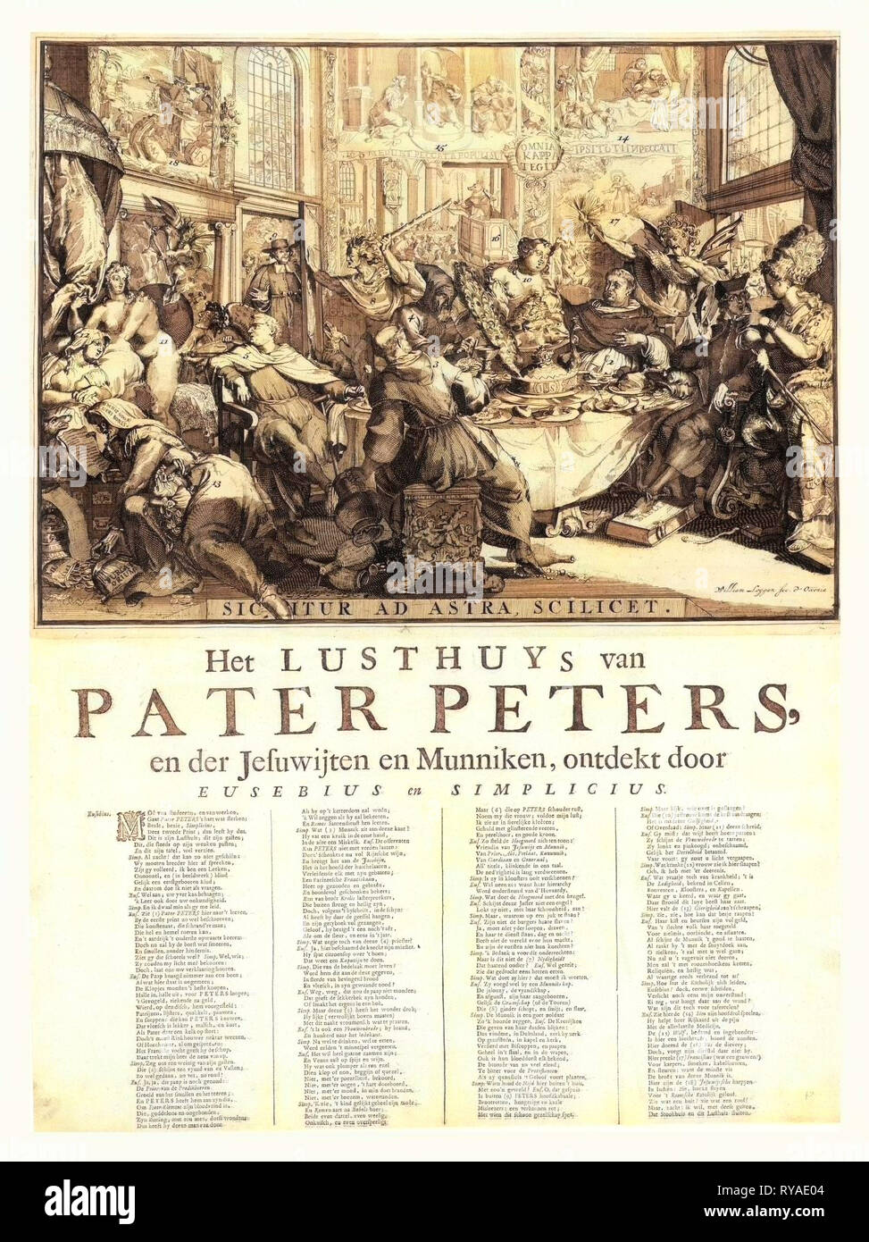 Het Lusthuys Van Pater Peters, En De Jesuwijten En Munniken, Ontdekt Door, Sic Itur Ad Astra, Scilicet, [1681?], 1 Print (Broadside) : Etching with Letterpress., Print Shows Scene in a Bawdy House of Pleasure Frequented by Father Petre, Jesuits, and Monks, Where They Mingle and Dine with Such Figures As: Wantonness, Avarice, Sloth, Fury, and Vanity. Priests Engage in Lascivious Acts and Steal Money from a Dying Person, a Protestant Minister is Driven Away from the Door, a Fox Delivers a Sermon from a Pulpit, and Jesuits Help Themselves to Treasures in India. Individual Figures Numbered Stock Photo