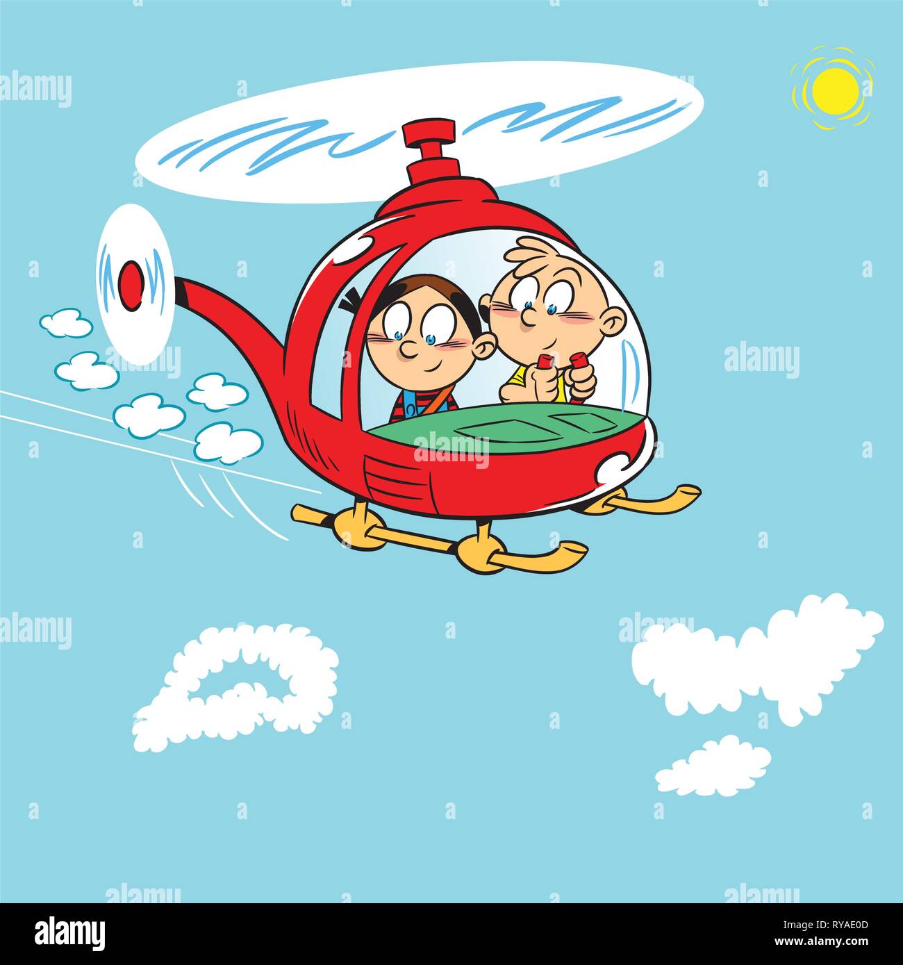 The illustration shows two children playing. Boy and girl flying in a helicopter on a background of blue sky with clouds. Illustration on separate lay Stock Vector