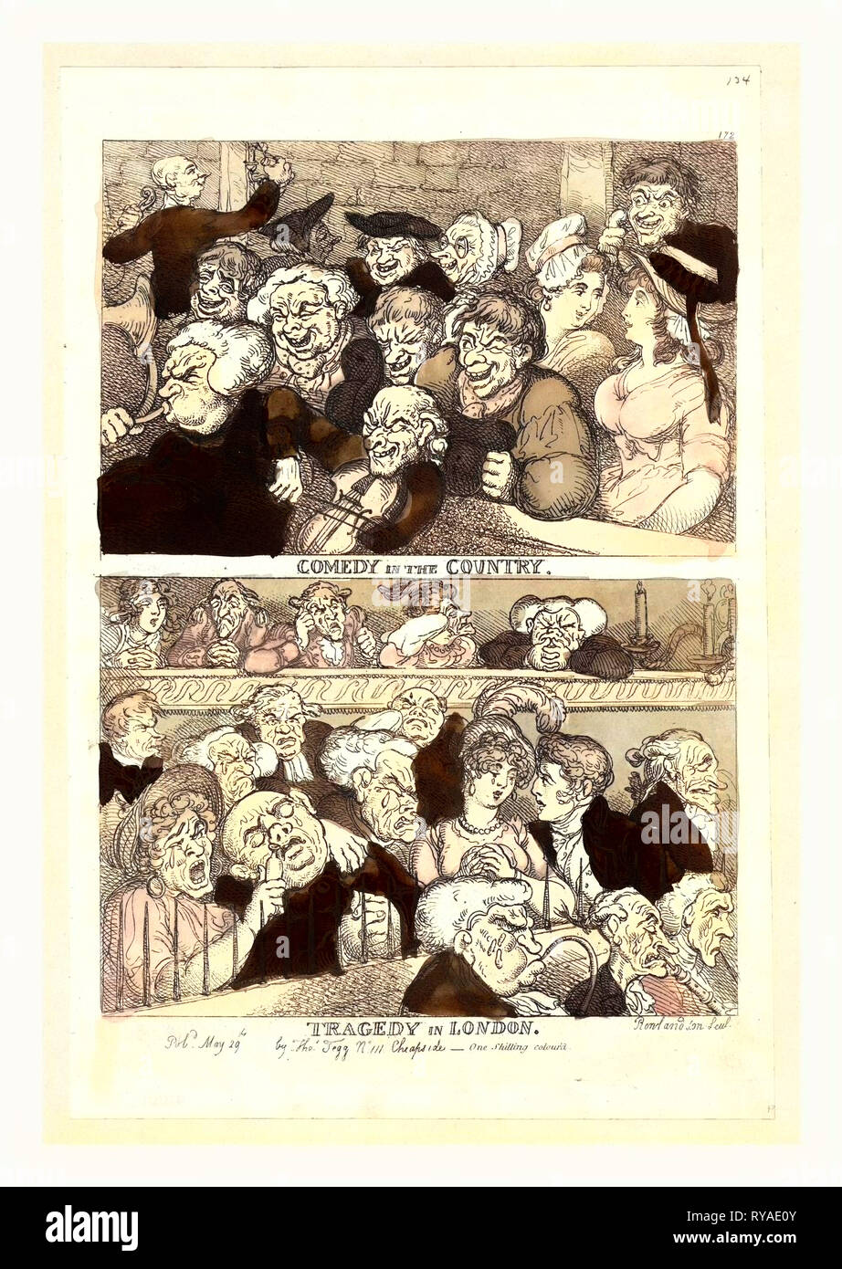 Comedy in the Country. Tragedy in London, Rowlandson, Thomas, 1756-1827, Engraving 1807, Two Designs on One Plate. Above, Two  Rows of Burlesqued Yokels (with Two Comely Women, and an Ugly Old One), Seated behind the Orchestra and Backed by a Rough Brick Wall, below, Three Members of the Orchestra Play, Grotesquely Weeping Stock Photo