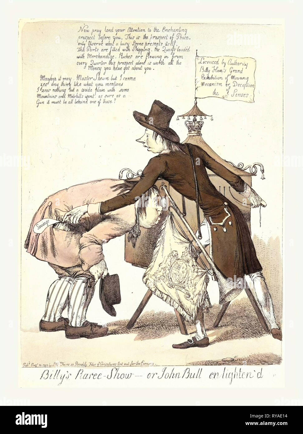 Billy's Raree-Show or John Bull En Lighten'D, [England], Engraving 1797, Pitt, As a Peep-Show Man, Stands by His Box, which is Supported on Trestles Stock Photo