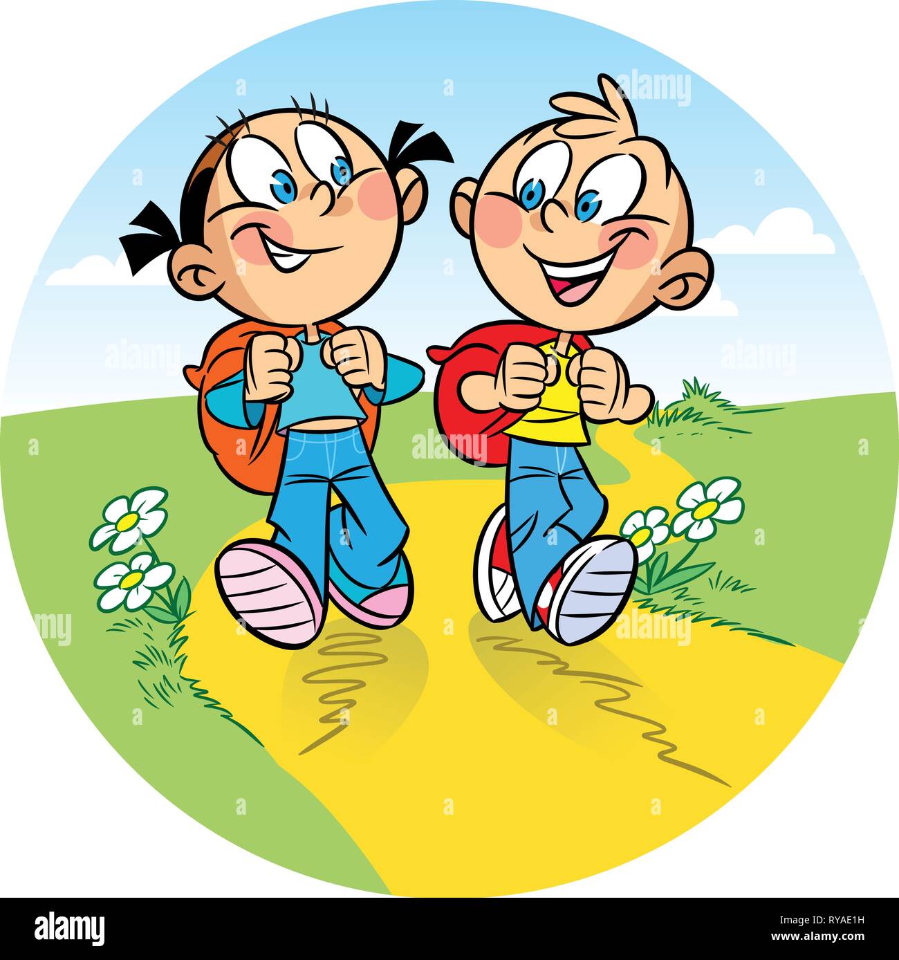 The illustration shows a boy and a girl tourists. They go on the hike. Behind them backpacks. Illustration done in cartoon style. Stock Vector
