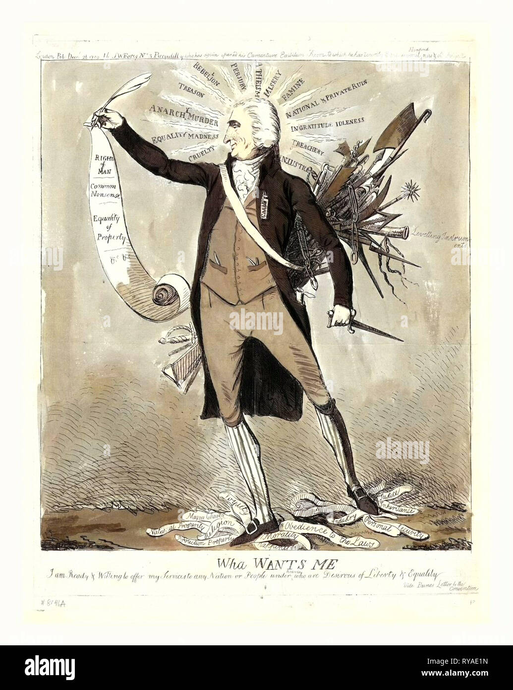 Wha Wants Me, London : 1792, Engraving, Thomas Paine, Full-Length, Standing, Facing Left, Holding Scroll Rights of Man, Surrounded by Injustices and Standing on Labels, Representing Morals and Justices, Defending Measures Taken in Revolutionary France and Appealing to the English to Overthrow Their Monarchy and Organize a Republic Stock Photo
