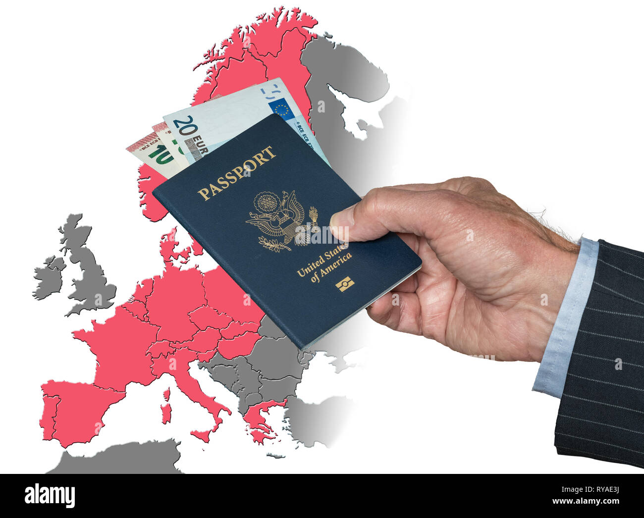 Man holding US passport and Euros on map of Schengen Zone Stock Photo