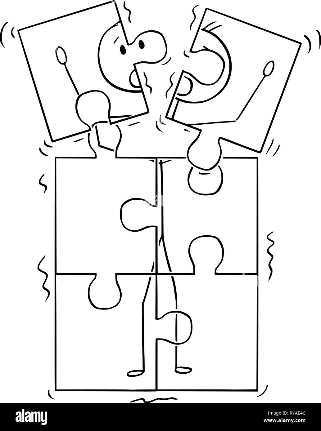 Cartoon of Image of Man Broking Up in Jigsaw Puzzle Pieces Stock Vector