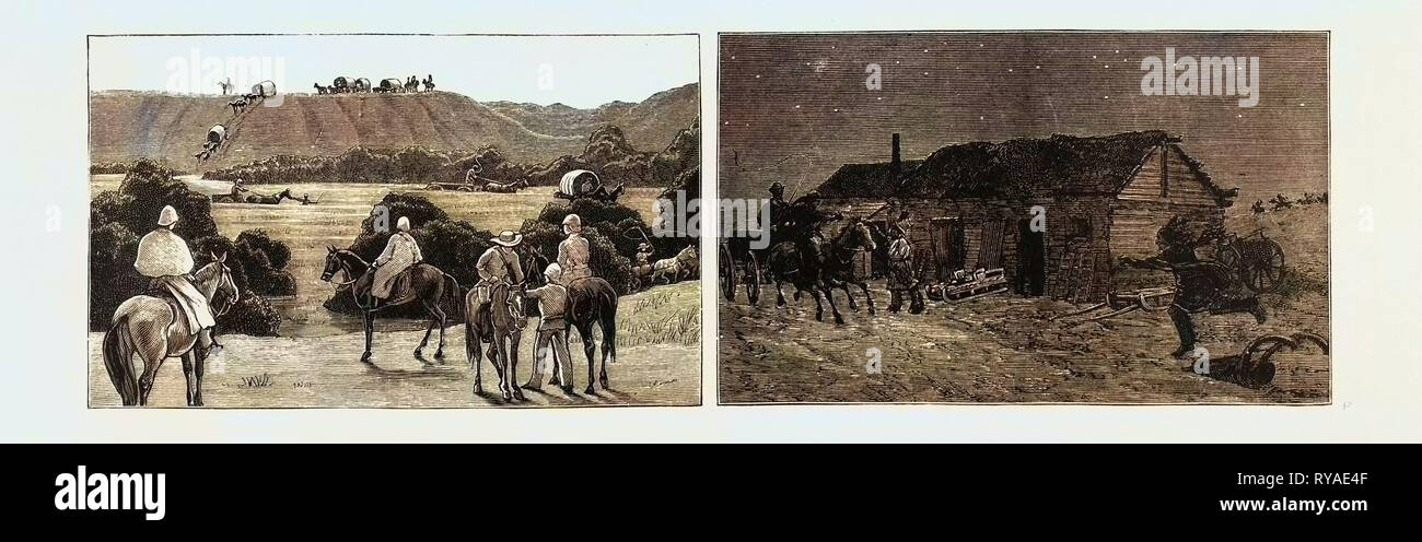 The Recent Rebellion in Canada: on the Trail after Big Bear, Transport Wagons in Mukeg (Mossy Bog) (Left), Escape of Farm Instructor Applegarth and His Wife from the Stony Indians (Right Stock Photo