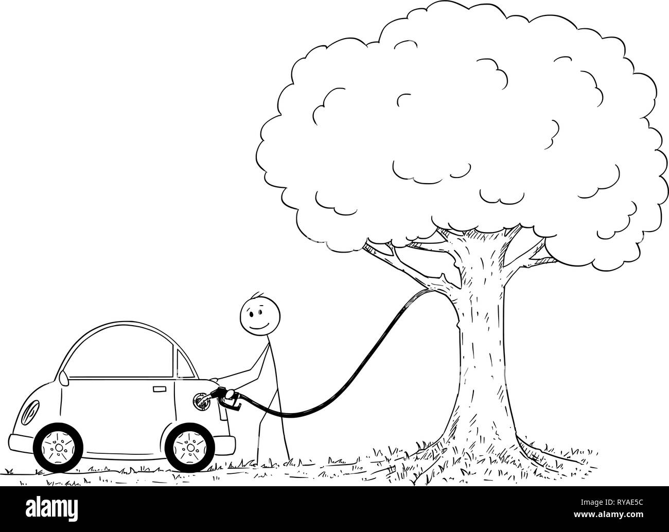 Cartoon of Man Refueling Car From a Tree Stock Vector