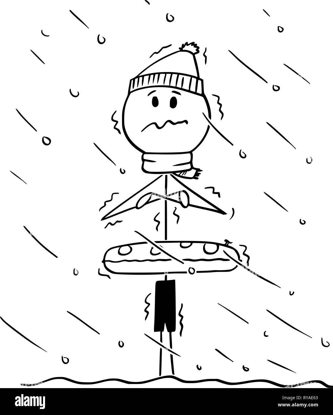 Cartoon of Chilled Man or Tourist Standing in Water in Cold Weather Out of Season Stock Vector