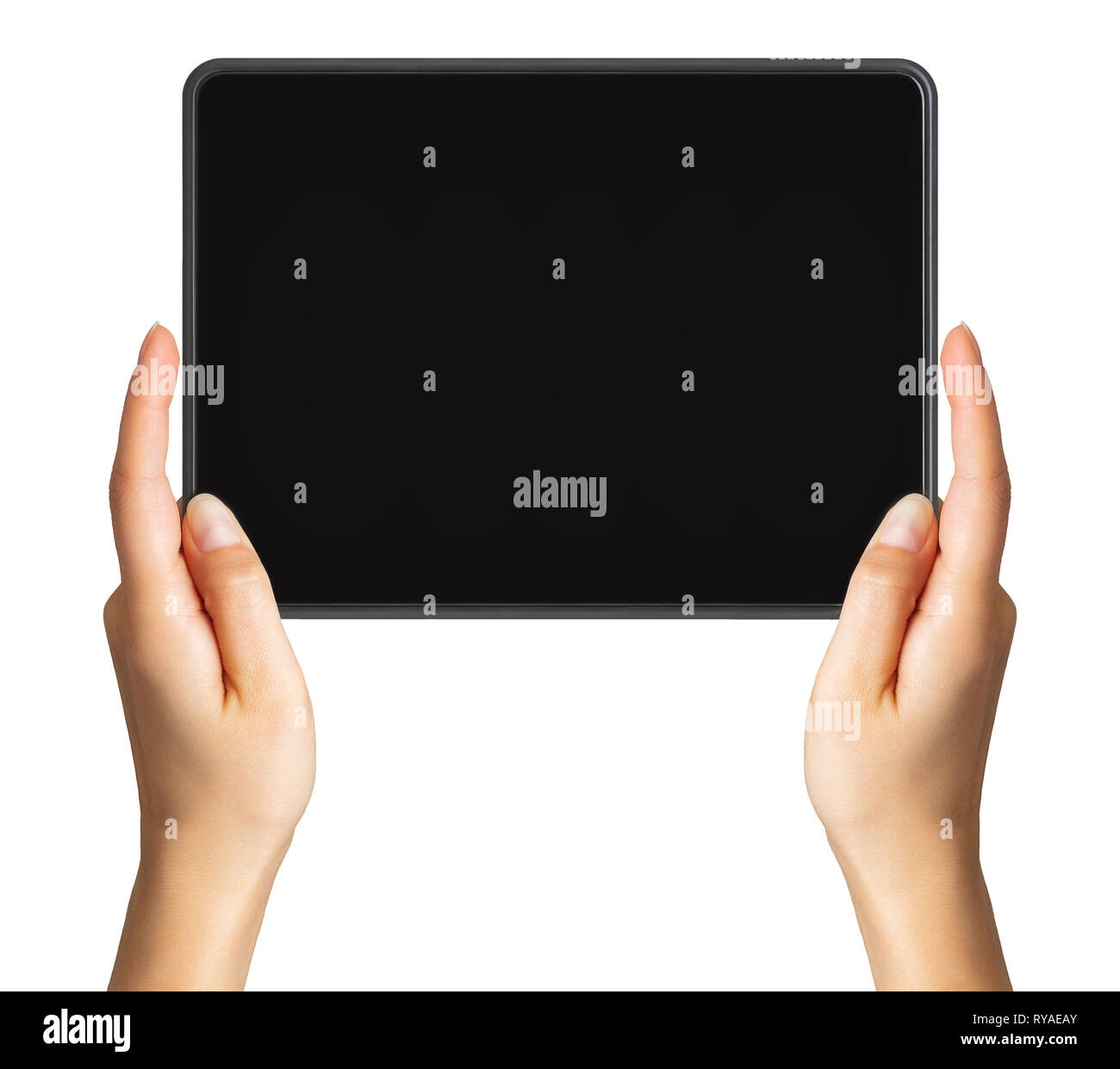 Women's hand showing black tablet, concept of taking photo or playing ...
