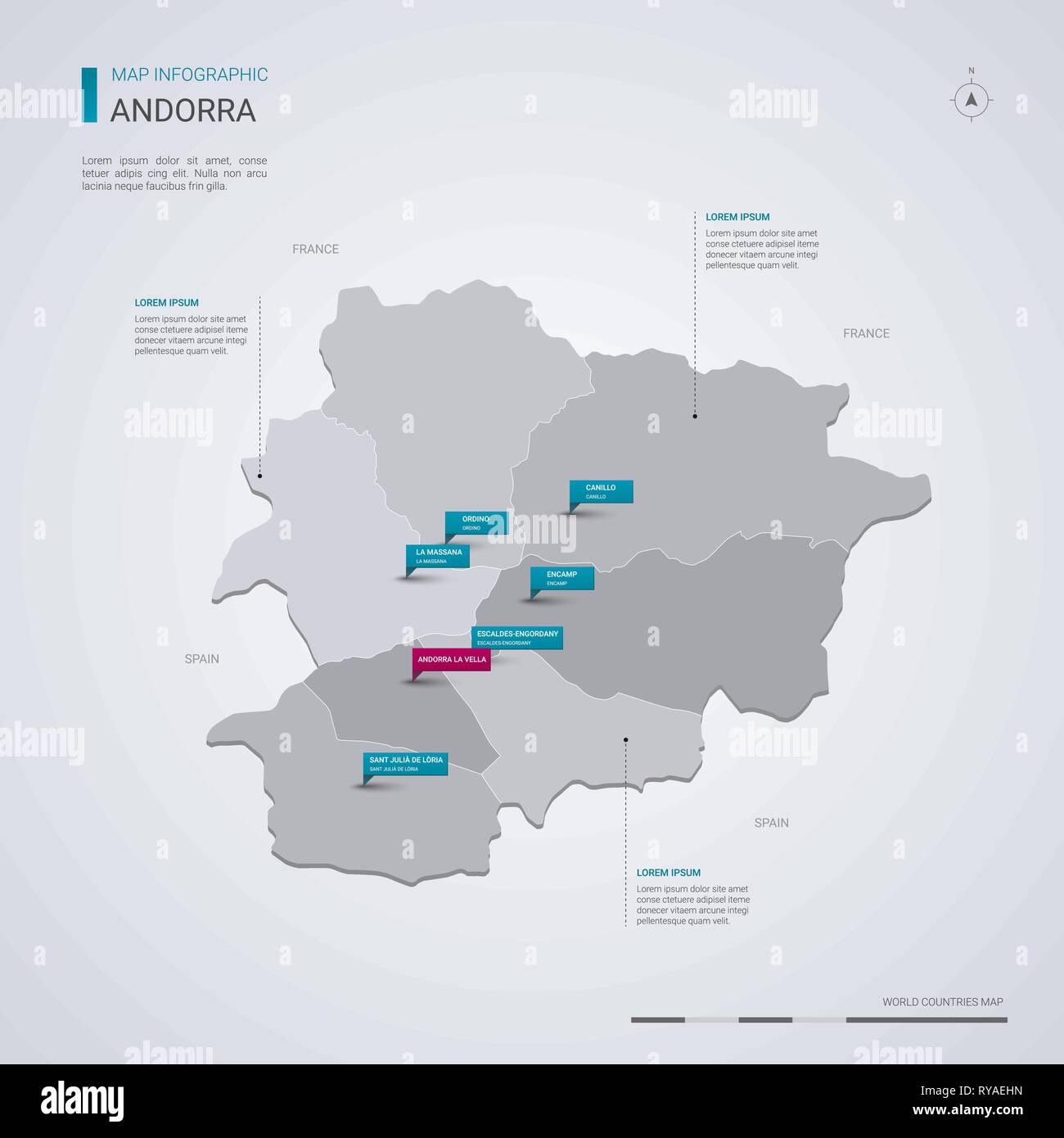 Andorra vector map with infographic elements, pointer marks. Editable template with regions, cities and capital Andorra la Vella. Stock Vector