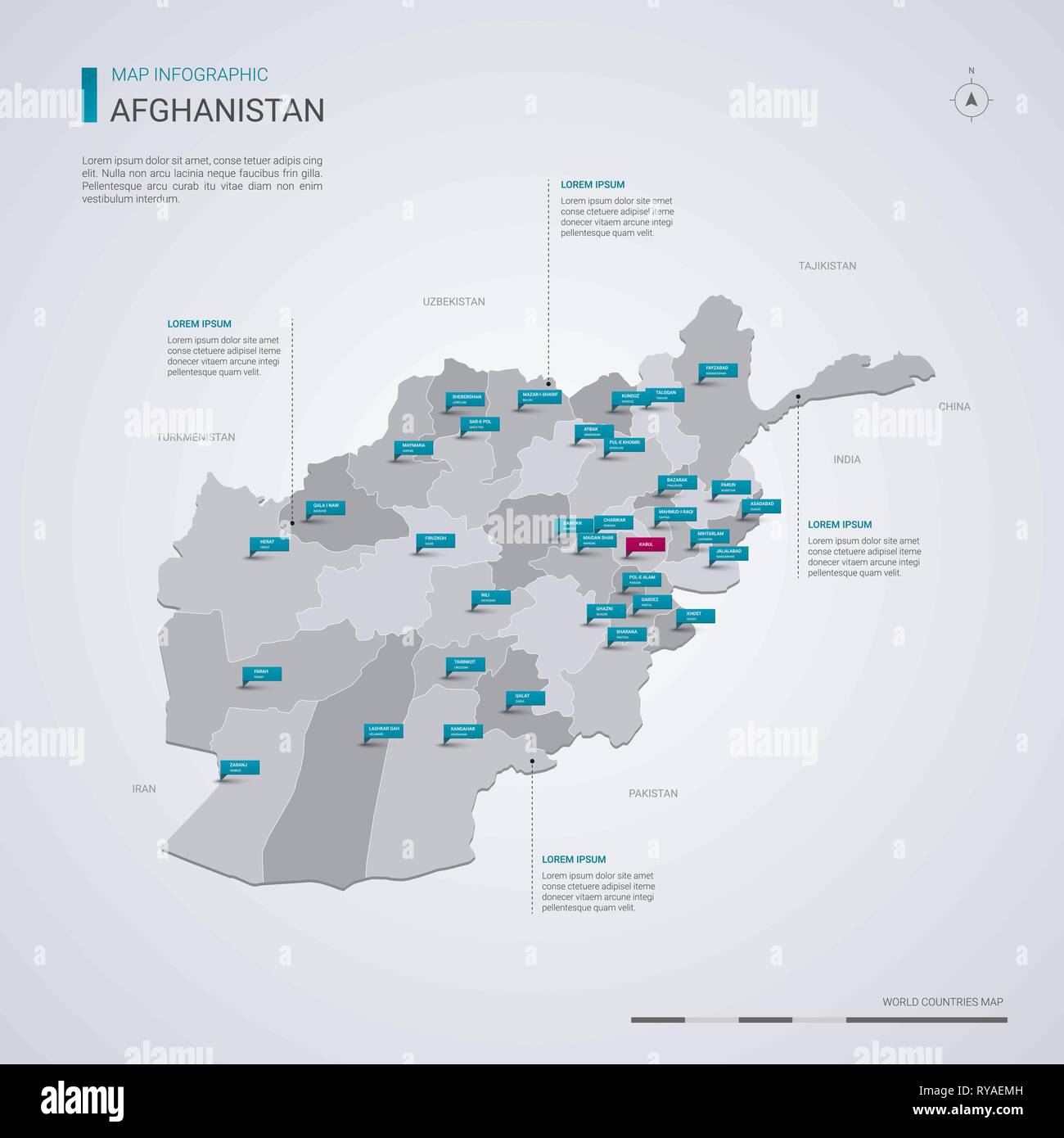 Afghanistan vector map with infographic elements, pointer marks. Editable template with regions, cities and capital Kabul. Stock Vector