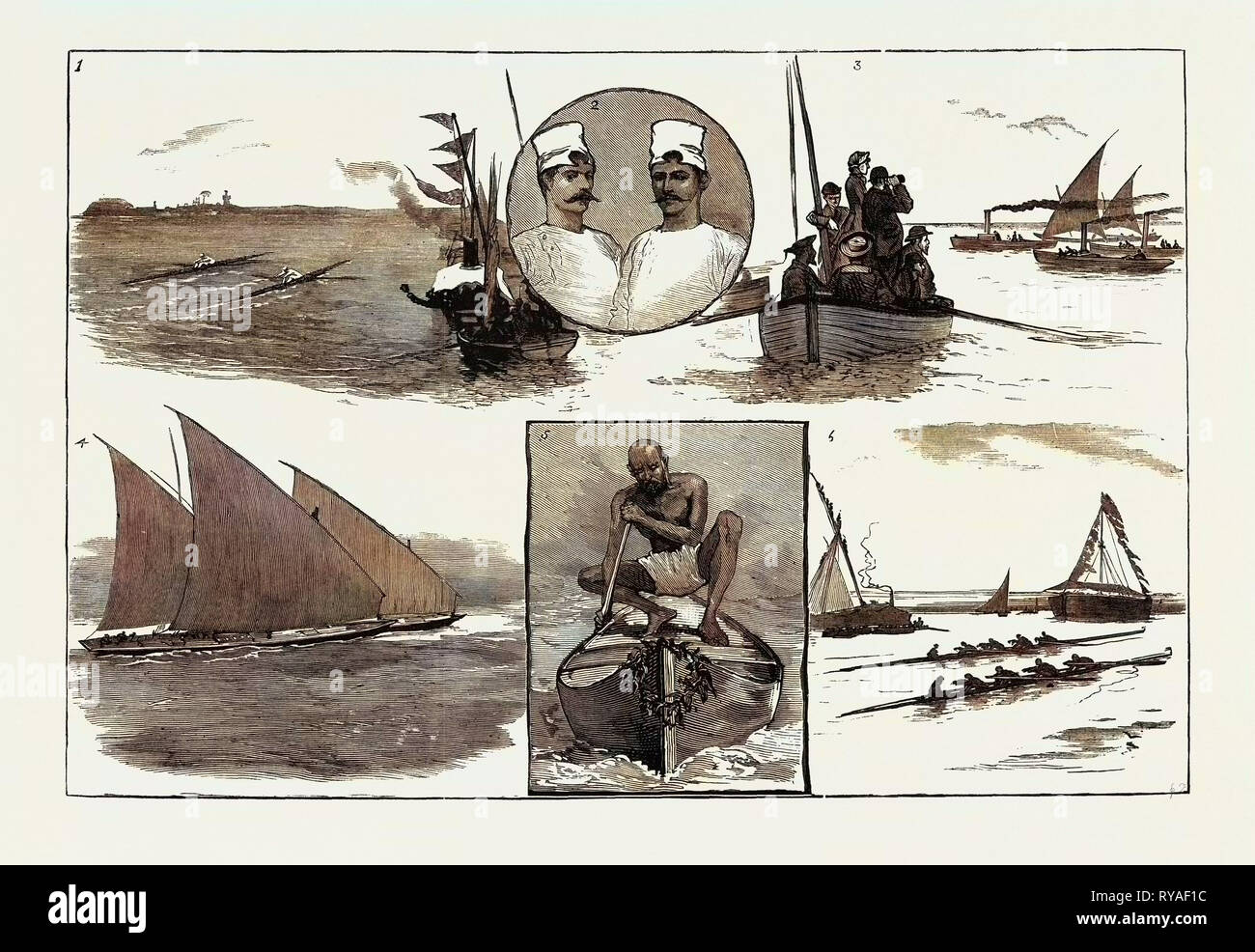 A Regatta at Bombay: 1. The Final Heat for the Champion Sculls, 2. Maharatta Fishermen (Hindoos), 3. Steam-Launch Race, 4. The Competition for the Royal Bombay Yacht Club, 5. The Winner of the Canoe-Race, 6. Bombay Versus Poonah: Four-Oared Race Stock Photo