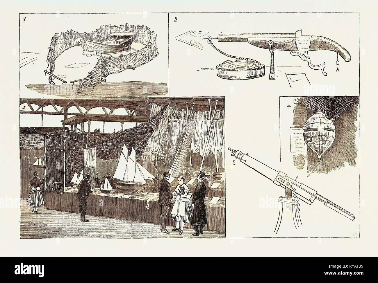 The International Fisheries Exhibition at Edinburgh: 1. Model of a Coble, and a Weir Shot Net Used in the Tweed Salmon Fisheries, 2. Henry's Breechloading Harpoon Gun (Gold Medal), 3. Newhaven Fishwives Selling Catalogues, 4. Life-Saving Balloon for Communicating Between Stranded Vessels and the Shore, 5. Life-Line Throwing Gun (Gold Medal Stock Photo