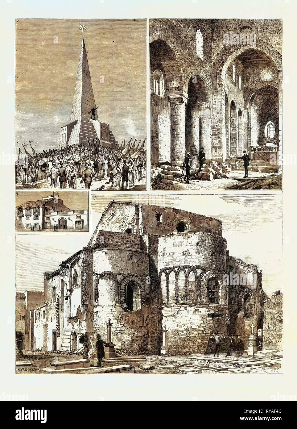 The Sixth Centenary of the Sicilian Vespers at Palermo: 1. Monument Erected on Mount Gibilrossa, to Commemorate the Taking of Palermo by Garibaldi in 1860, Inaugurated April 4, 1882, 2. Church of the Holy Spirit: Interior, 3. House of the Marquis Ugo Delle Favare, Where Garibaldi Stayed During His Residence at Palermo, 4. Church of the Holy Spirit (Exterior Stock Photo