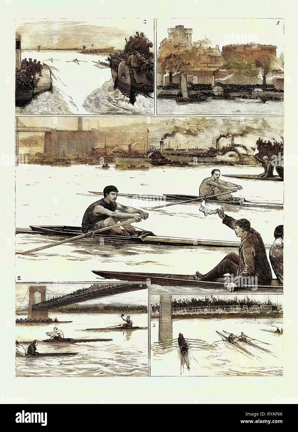 The Sculling Match on the Tyne Between Hanlan and Boyd for the Championship of the World: 1. Before the Start, 2. 'Neck and Neck:' a Minute after the Start, 3. In Sight of the Chain Bridge, 4. The End of the Race, 5. After the Finish: Shaking Hands Stock Photo
