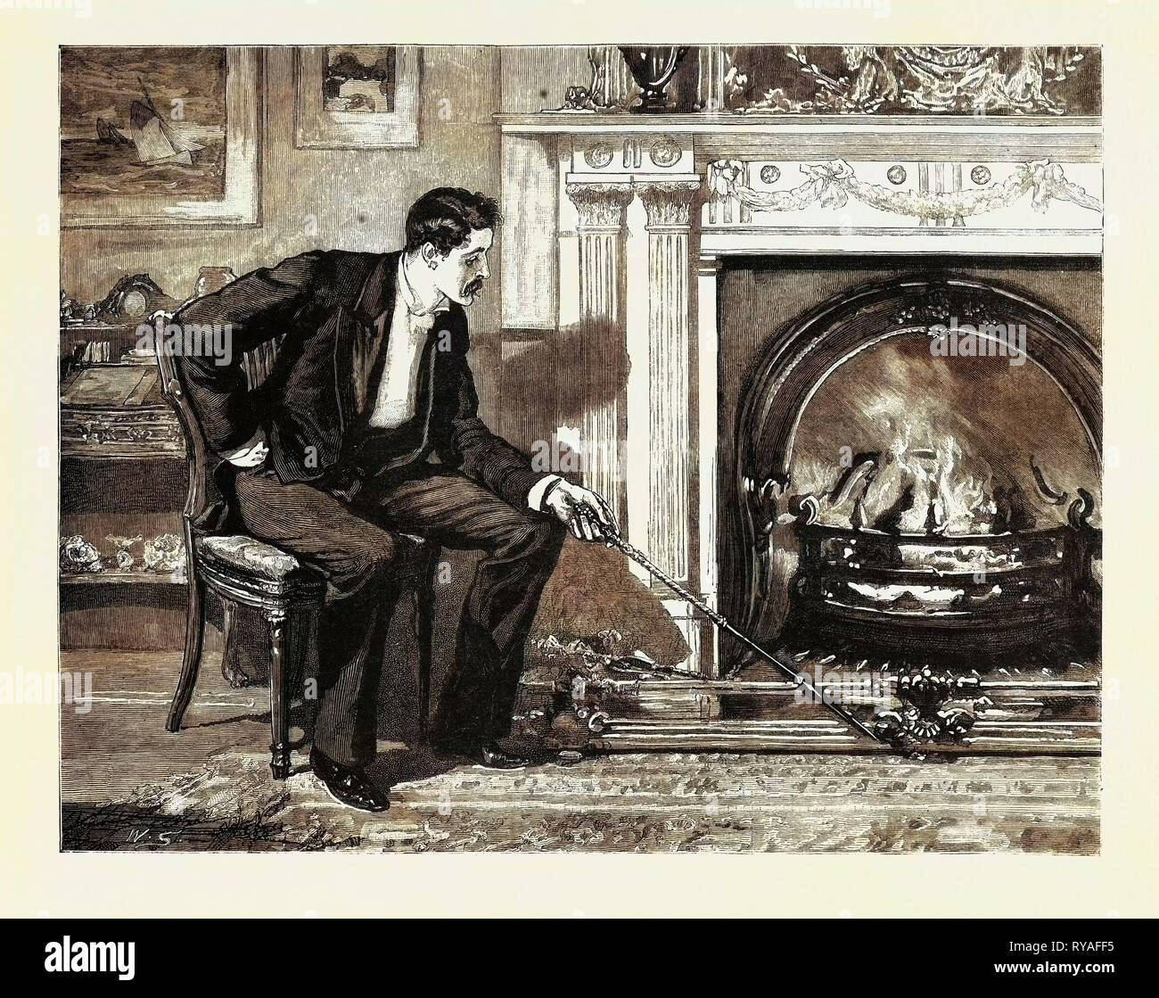 Marion Fay: A Novel: He Sat Gazing at His Fire, Holding the Poker in His Hand Stock Photo