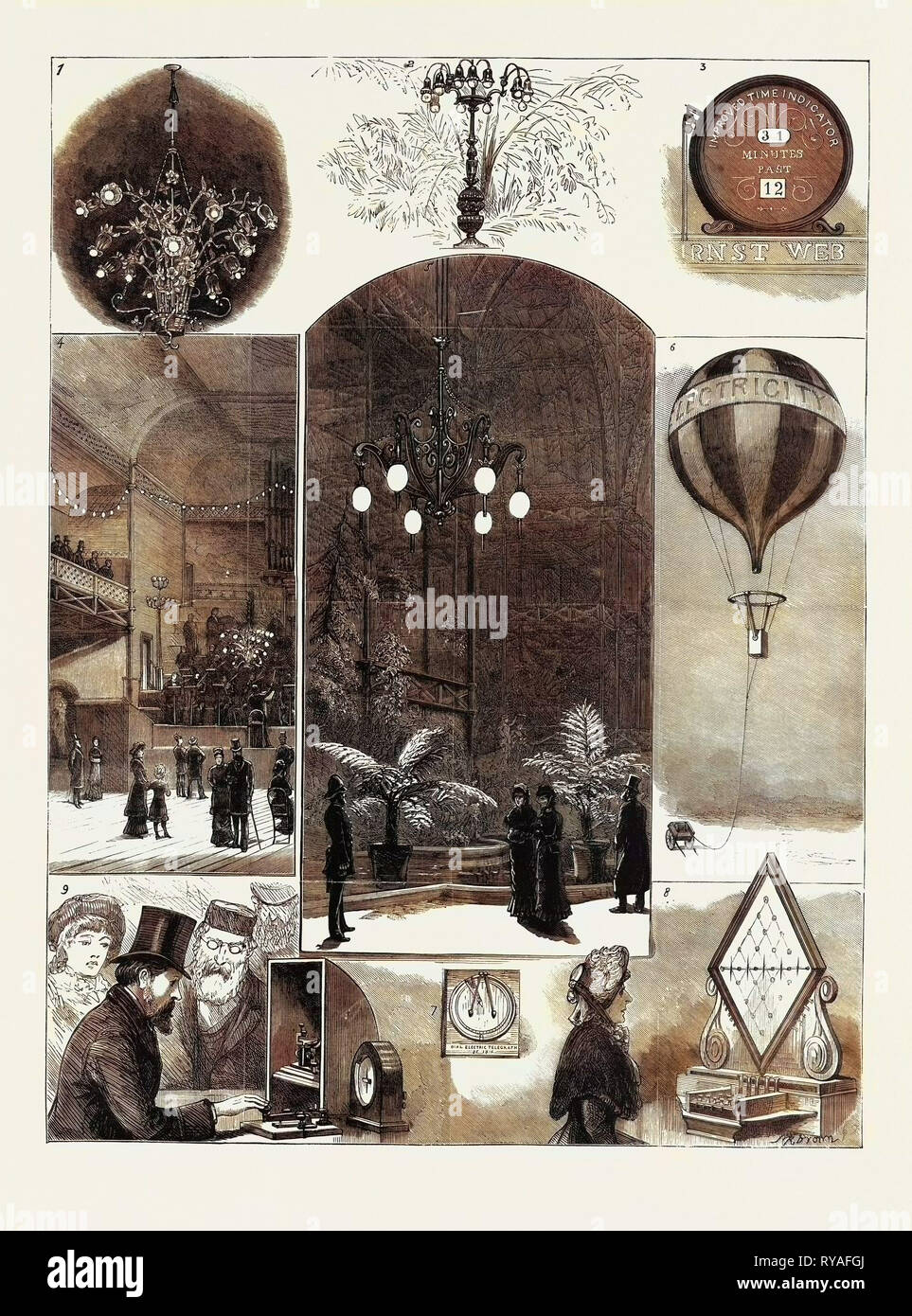 The Crystal Palace Electrical Exhibition: 1. The Chandelier in the Concert Room, 2. Chandelier (Brush System) in the Tropical Section, 3. The Time O' Day, 4. The Concert Room, the Edison Company's Exhibit, 5. The Siemens Chandelier Over the Fountain, 6. The Balloon for Photographing, 7. The First Telegraph Instrument, 1816, 8. The Five-Needle Instrument, 9. The Single Current Sounder Stock Photo