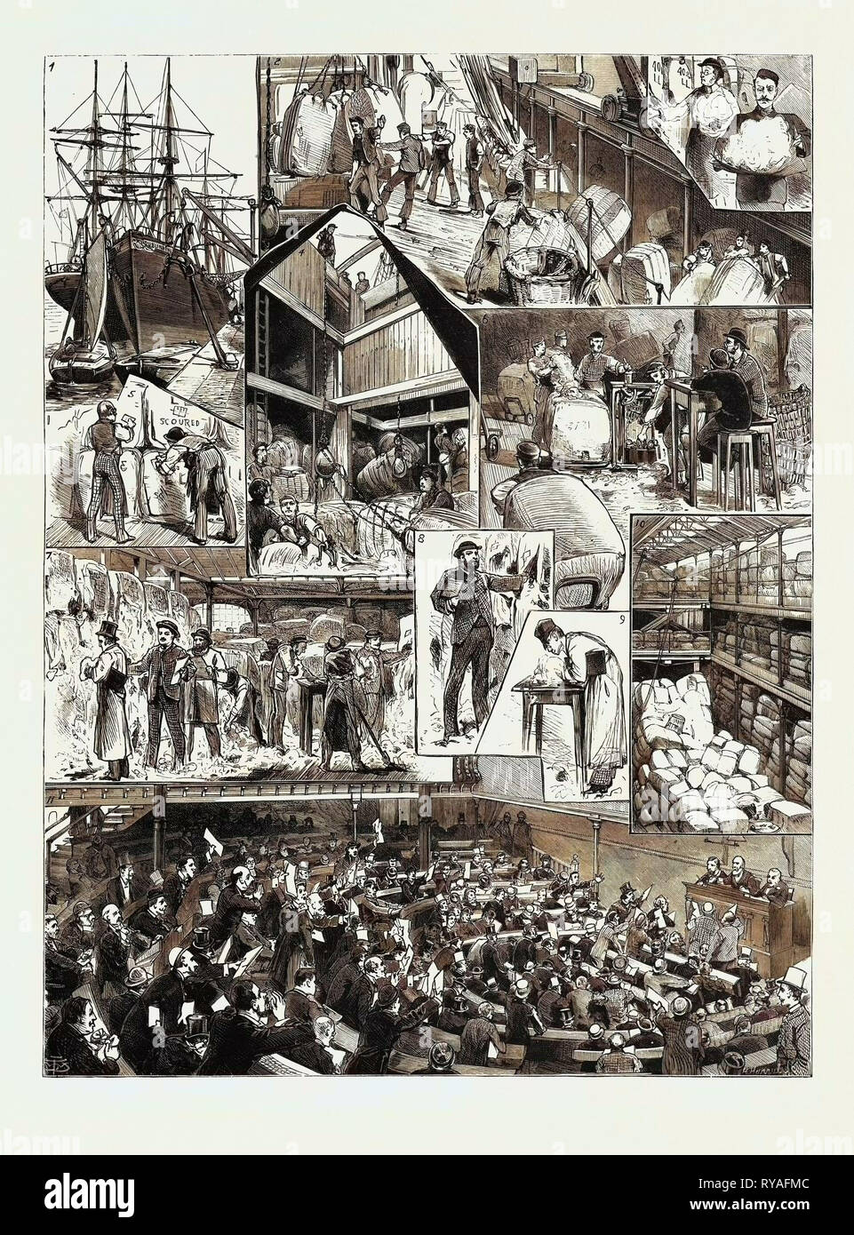 Our Colonial Wool Trade: 1. The Dublin Castle Discharging Cargo of Cape Wool at Blackwall Docks, 2. On Deck: Unloading the Wool, 3. Drawing Samples from the Bales, 4. In the Main Hold: Breaking Bulk, 5. Labelling the Bales in Lots on Show, 6. Weighing Up the Bales after Sale, 7, 8, and 9. Intending Buyers Examining and Valuing at the Warehouse, 10. The Wool Storehouse, St. Katherine's Docks, 11. The Sale Room at the Wool Exchange Stock Photo