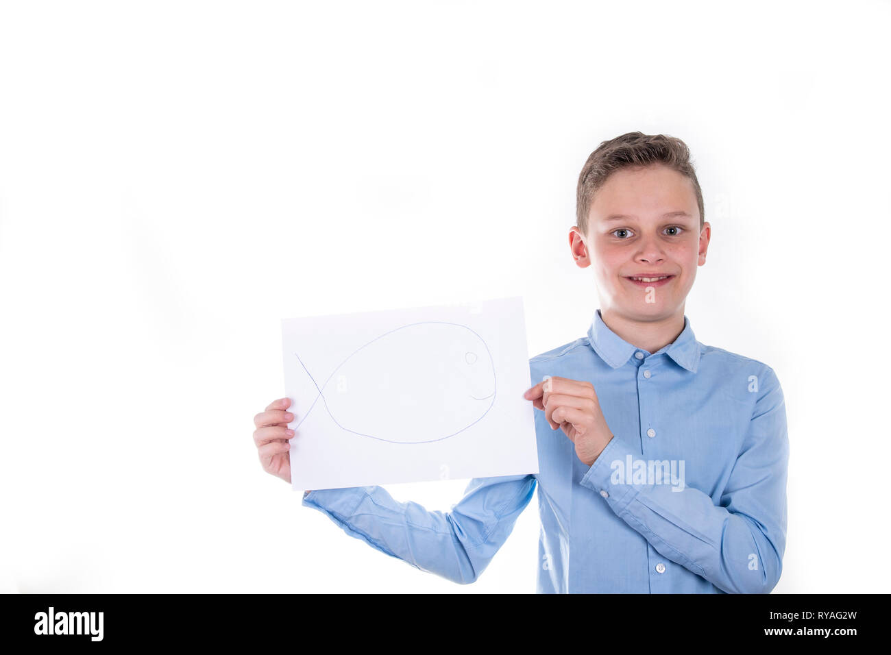 boy in blue shirt holding up an empty child on white background Stock ...