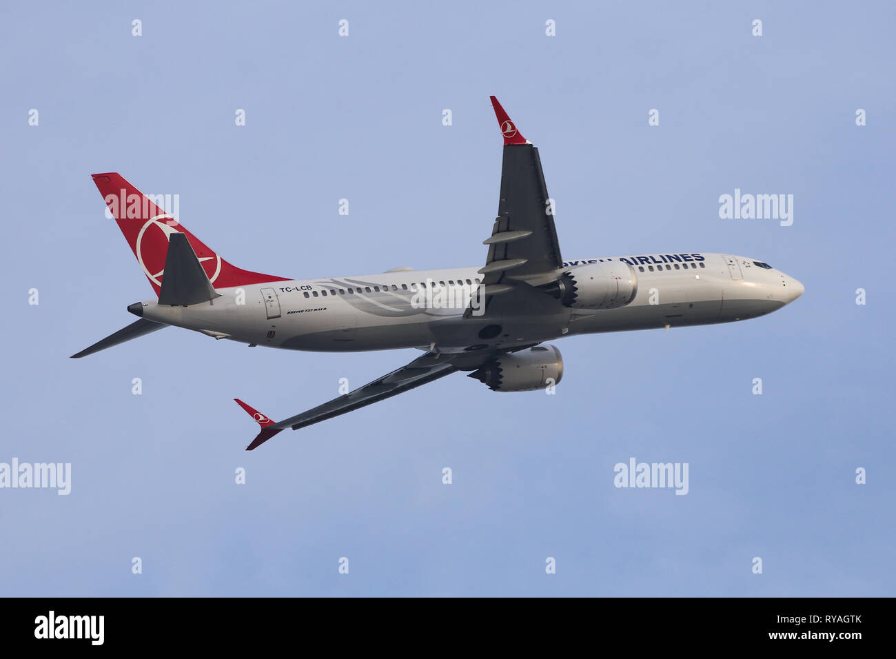 ISTANBUL, TURKEY - DECEMBER 23, 2018: Turkish Airlines Boeing 737-8MAX (CN 60033) takes off from Istanbul Ataturk Airport. THY is the flag carrier of  Stock Photo