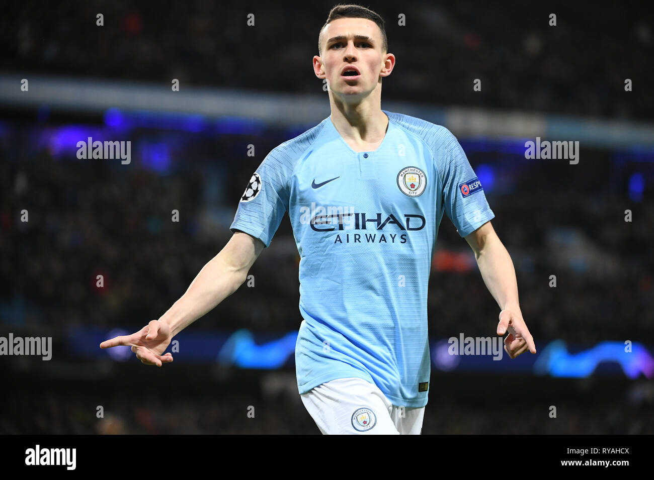 Manchester, UK. 12th Mar, 2019. Soccer: Champions League, knockout round, round of sixteen, second leg: Manchester City - FC Schalke 04 in Ethiad Stadium. Manchester's Phil Foden cheers after scoring 6-0 for his team. Credit: Ina Fassbender/dpa/Alamy Live News Stock Photo
