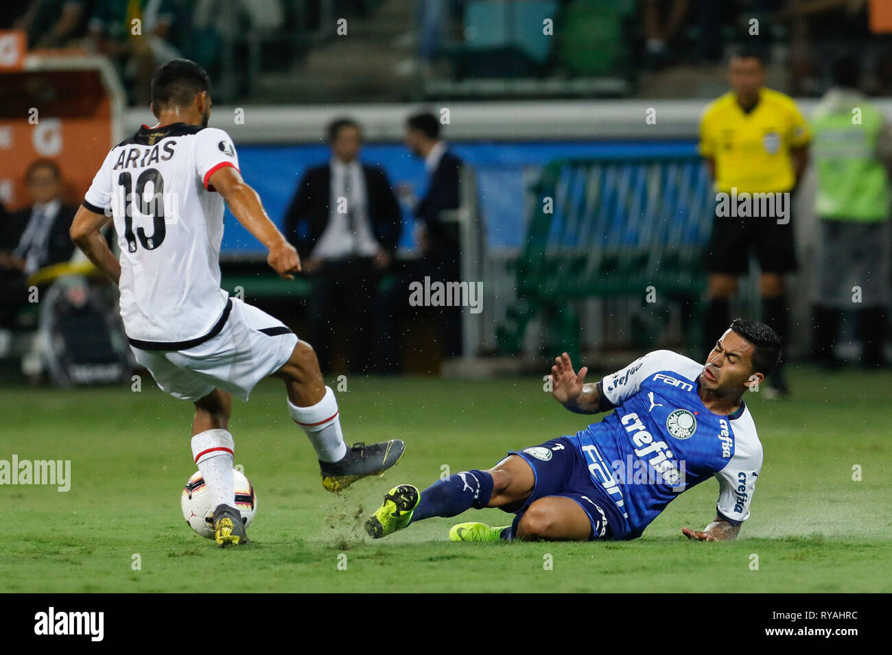 SÃO PAULO, SP - 12.03.2019: PALMEIRAS X MELGAR - Dudu and Arias during the match between Palmeiras and Melgar - PER held at Allianz Park, West Zone of São Paulo. The match is valid for the second round of the group stage of the 2019 Copa Libertadores of America. (Photo: Ricardo Moreira/Fotoarena) Stock Photo