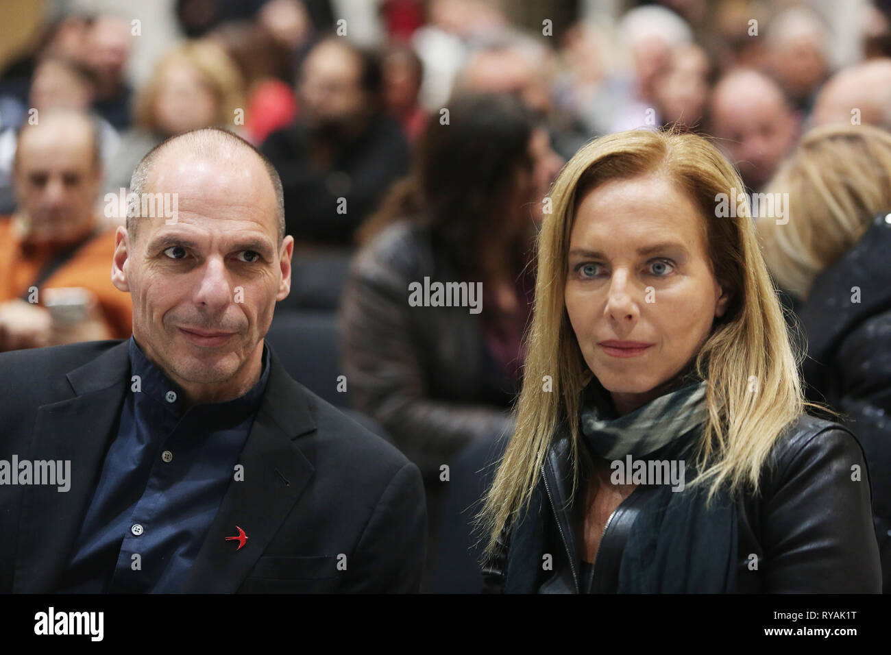 Thessaloniki, Greece. 12th Mar, 2019. Yanis Varoufakis and his wife Danae Stratou during a pre-European Elections event. Greek Economist Yanis Varoufakis visited Thessaloniki during a pre-European election event organised by the party DiEM25. On the 25th of November 2018 Varoufakis was selected to head the list of Democracy in Europe for the 2019 European elections. Credit: Giannis Papanikos/ZUMA Wire/Alamy Live News Stock Photo