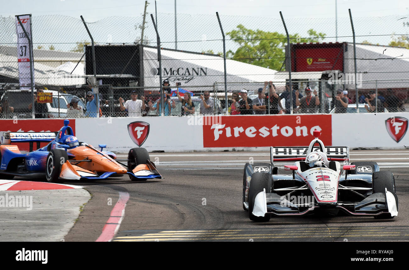 March 10, 2019 - St. Petersburg, Florida, United States - Team Penske driver Josef Newgarden of the United States (right) is followed closely by Chip Ganassi Racing driver Scott Dixon of New Zealand as they navigate turn one during the Firestone Grand Prix of St. Petersburg on March 10, 2019 in St. Petersburg, Florida. Newgarden went on to win the race while Dixon came in second. (Paul Hennessy/Alamy) Stock Photo