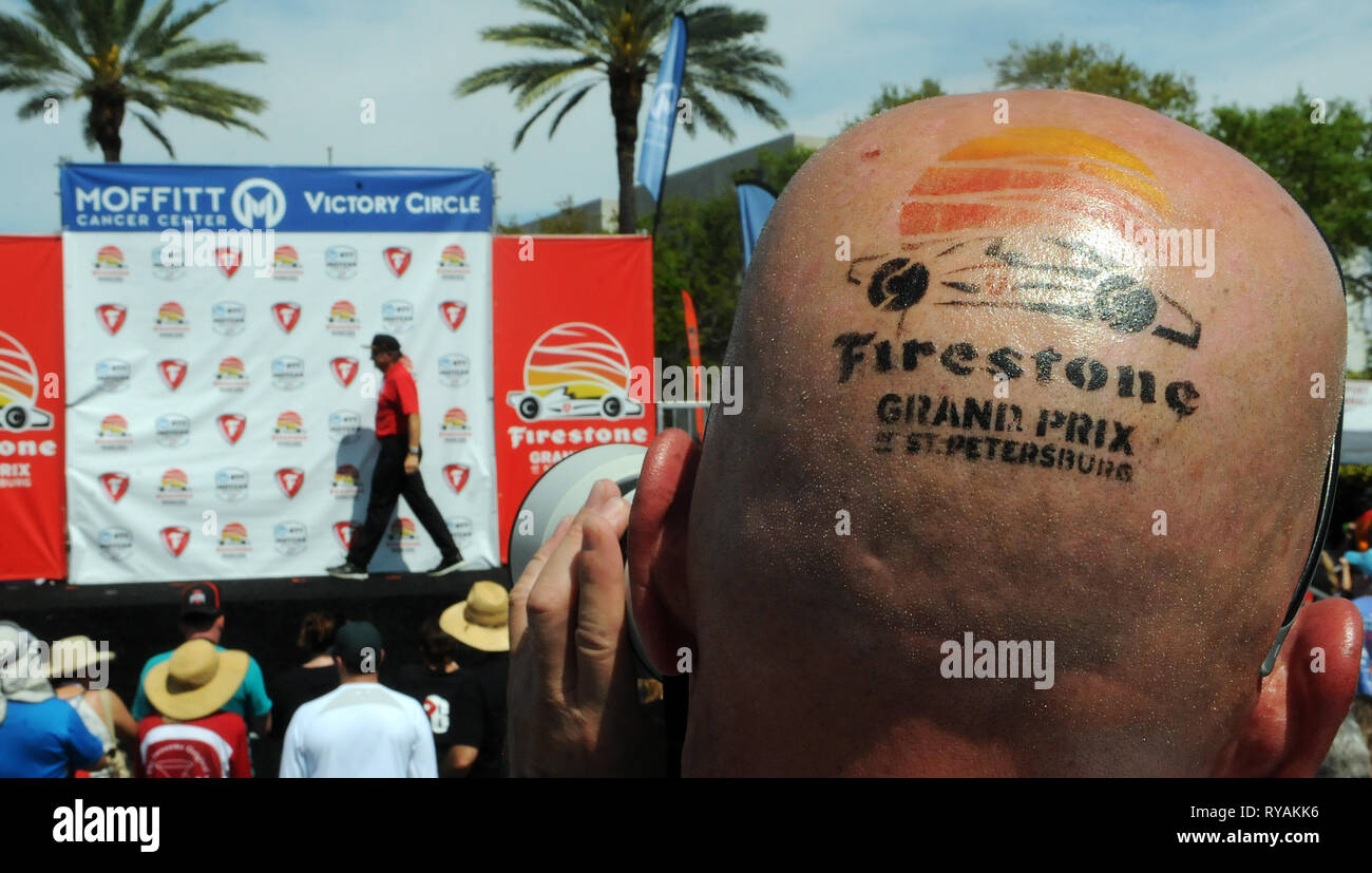 March 10, 2019 - St. Petersburg, Florida, United States - A temporary tattoo is seen on a photographer's head during the Firestone Grand Prix of St. Petersburg on March 10, 2019 in St. Petersburg, Florida. The race was won by Josef Newgarden of the United States. (Paul Hennessy/Alamy) Stock Photo