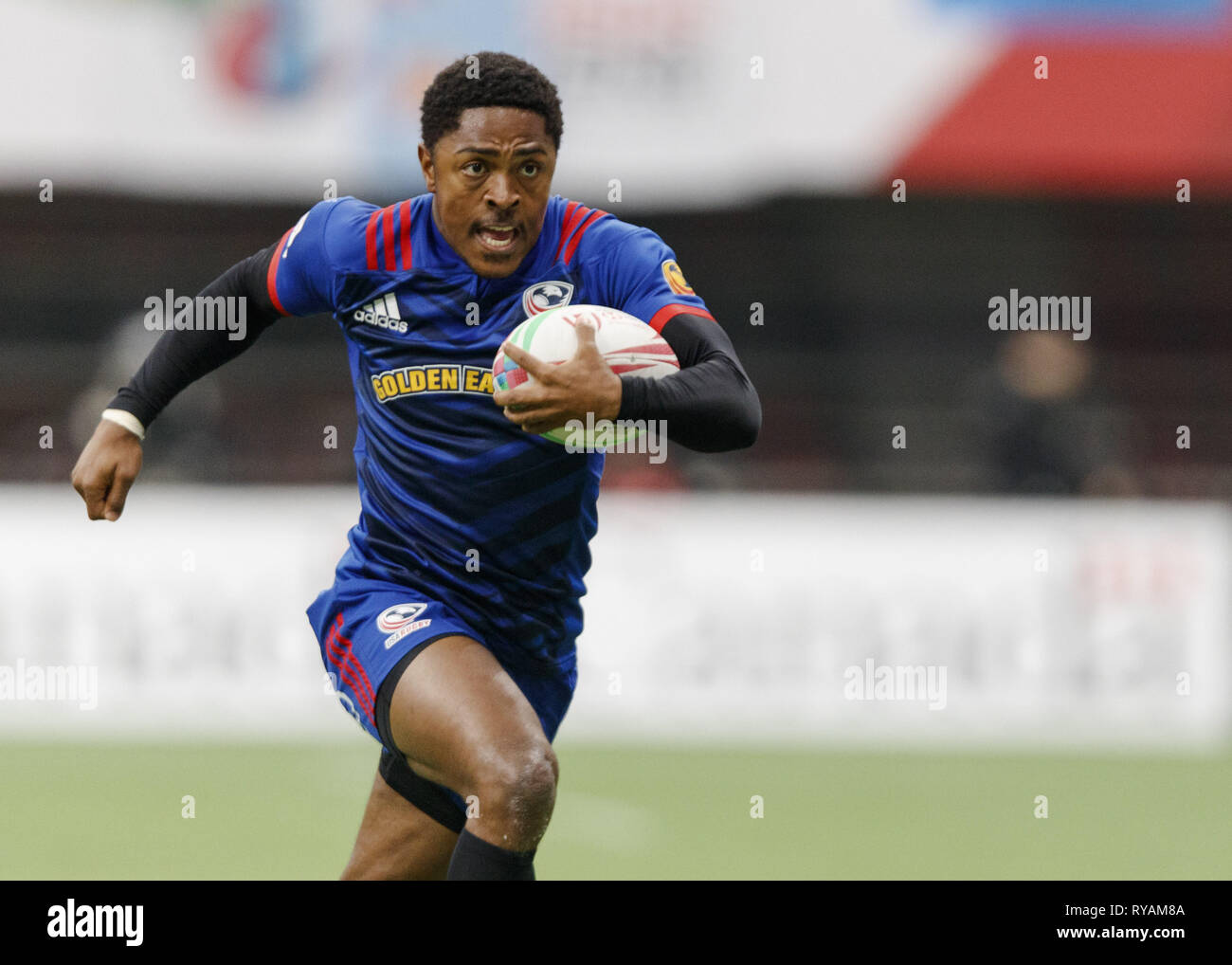 Vancouver, British Columbia, Canada. 10th Mar, 2019. KEVON WILLIAMS #6 of The United States runs with the ball during rugby sevens action on Day 2 of the HSBC Canada Sevens at BC Place on March 10, 2019 in Vancouver, Canada. Credit: Andrew Chin/ZUMA Wire/Alamy Live News Stock Photo