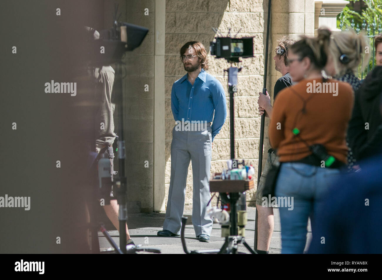 Adelaide, Australia. 13th Mar, 2019. British actor Daniel Radcliffe on the film set of 'Escape from Pretoria filmed in Adelaide. The film is based on a book by Tim Jenkin and is set during the Apartheid era in Capetown, South Africa about two white South Africans, Tim Jenkin and Stephen Lee, who were jailed in 1978 for producing and distributing anti-apartheid messages Credit: amer ghazzal/Alamy Live News Stock Photo