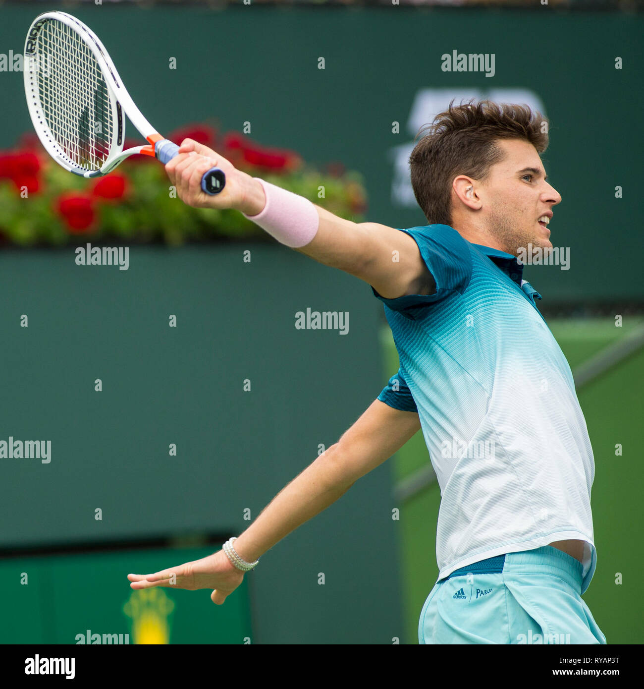 Indian Wells, California, USA. 11th Mar, 2019. Dominic Thiem (AUT) in  action where he defeated Gilles Simon (FRA) 6-3, 6-1 at the BNP Paribas  Open at the Indian Wells Tennis Garden in