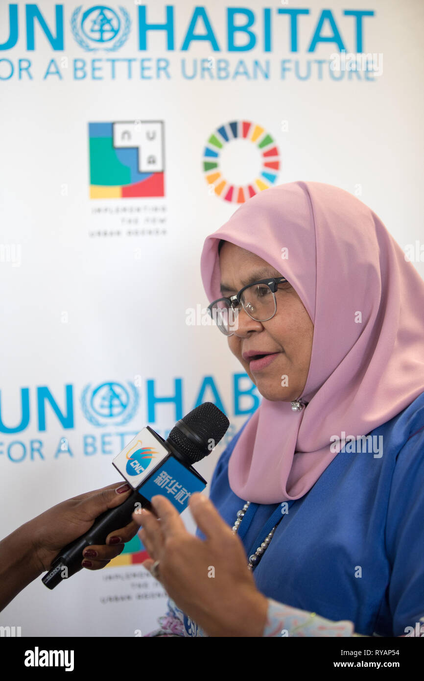 Nairobi, Kenya. 12th Mar, 2019. Maimunah Mohd Sharif, executive director of UN Human Settlement Programme (UN-Habitat), receives an interview with Xinhua at UN-Habitat headquarters in Nairobi, Kenya, on March 12, 2019. China's success in rehabilitation of polluted urban rivers could serve as an inspiration to other developing countries where rapid growth of cities has negatively impacted on the health of fresh water bodies, Maimunah Mohd Sharif said on Tuesday. Credit: Zhang Yu/Xinhua/Alamy Live News Stock Photo