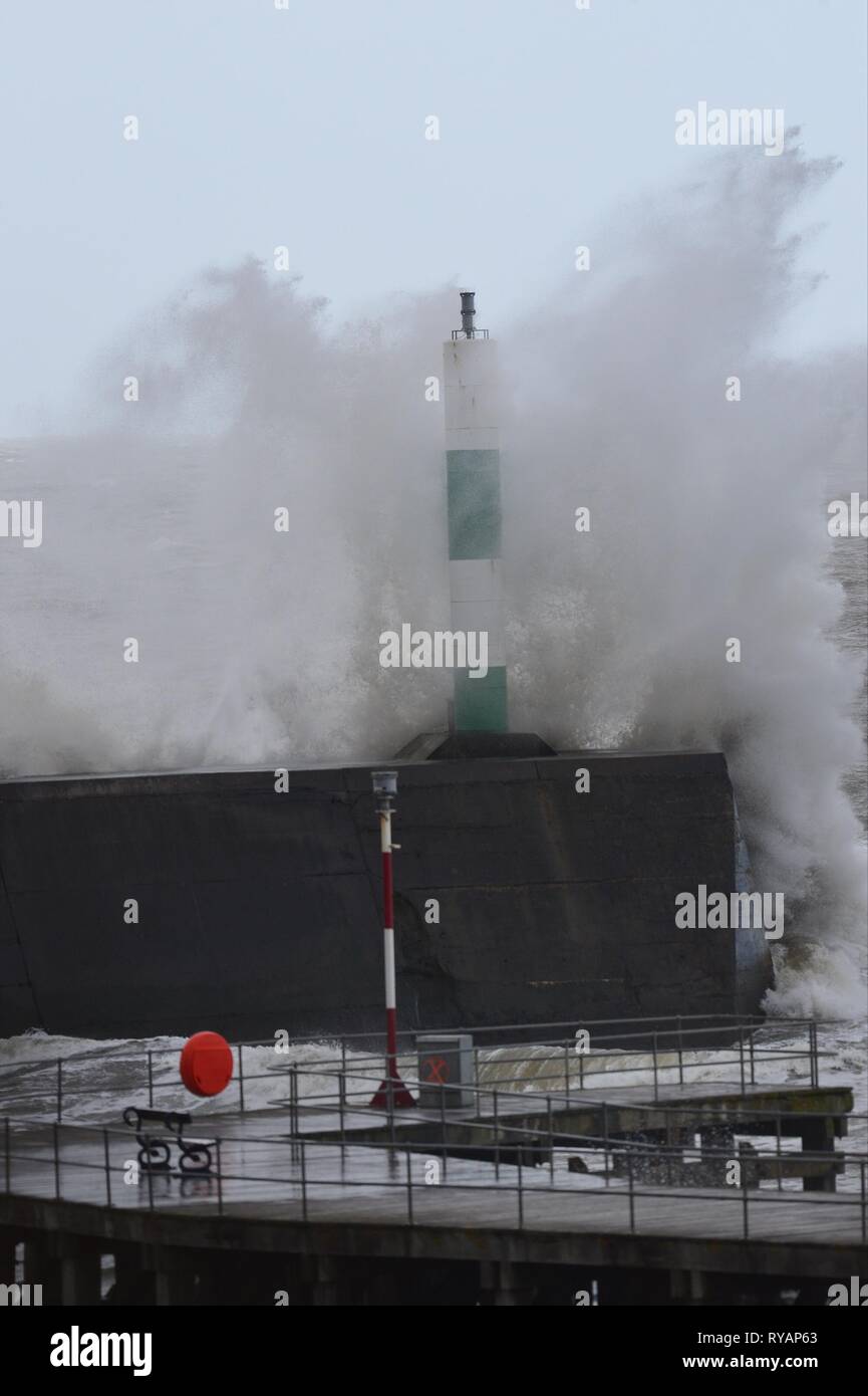 Aberystwyth Ceredigion Wales UK, Wednesday 13 March 2019. UK Weather: Storm Gareth, the latest named storm of the season, hits the seafront in Aberystwyth. The gale force winds of Storm Gareth are expected to bring damaging 70mph gusts to exposed Irish Sea coasts today. photo Credit: Keith Morris/Alamy Live News Stock Photo