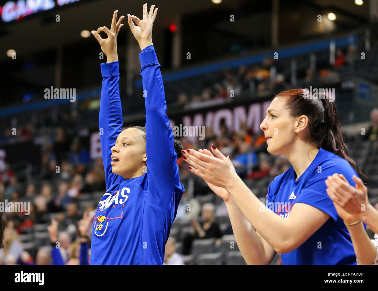 March 8, 2019: Kansas Jayhawk teammates celebrate during a Phillips 66 Big 12 Womens Basketball Championship Tournament game between the Oklahoma State Cowgirls and the Kansas Jayhawks at Chesapeake Energy Arena in Oklahoma City, OK. Gray Siegel/CSM Stock Photo