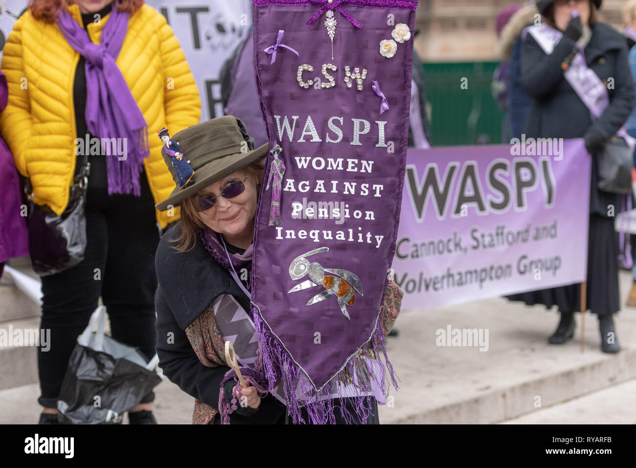 London 13th March 2019 Women against State Pension Inequlity (WASPI) protest outside the House of Commons on Spring Statement day about the move of the retirement age from 60 to 66 to introduce equality between male and female pensions  Credit: Ian Davidson/Alamy Live News Stock Photo