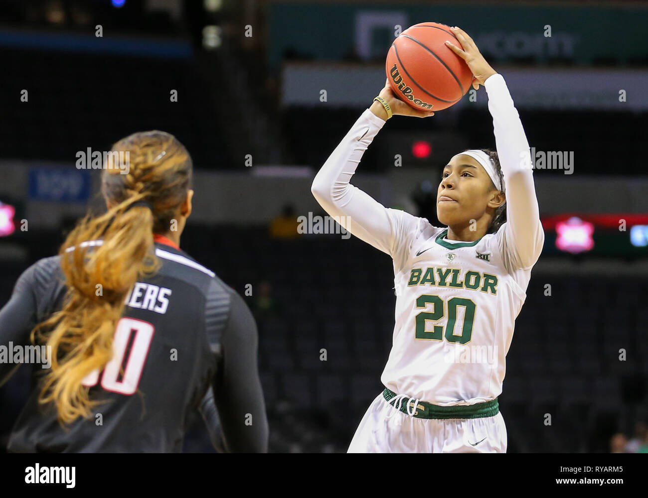 March 9, 2019: Baylor Guard Juicy Landrum (20) attempts a jump shot during a Phillips 66 Big 12 Womens Basketball Championship quarterfinal game between the Baylor Lady Bears and the Texas Tech Lady Raiders at Chesapeake Energy Arena in Oklahoma City, OK. Gray Siegel/CSM Stock Photo