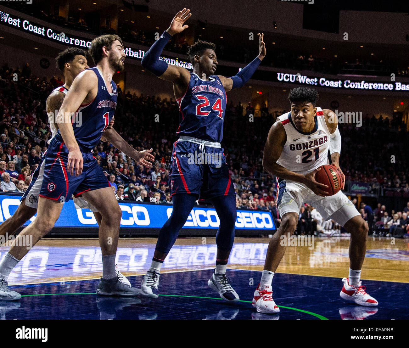 Mar 12 2019 Las Vegas, NV, U.S.A. Gonzaga forward Rui Hachimura (21) drives to the basket during the NCAA West Coast Conference Men's Basketball Tournament championship between the Gonzaga Bulldogs and the Saint Mary's Gaels 47-60 lost at Orleans Arena Las Vegas, NV. Thurman James/CSM Stock Photo