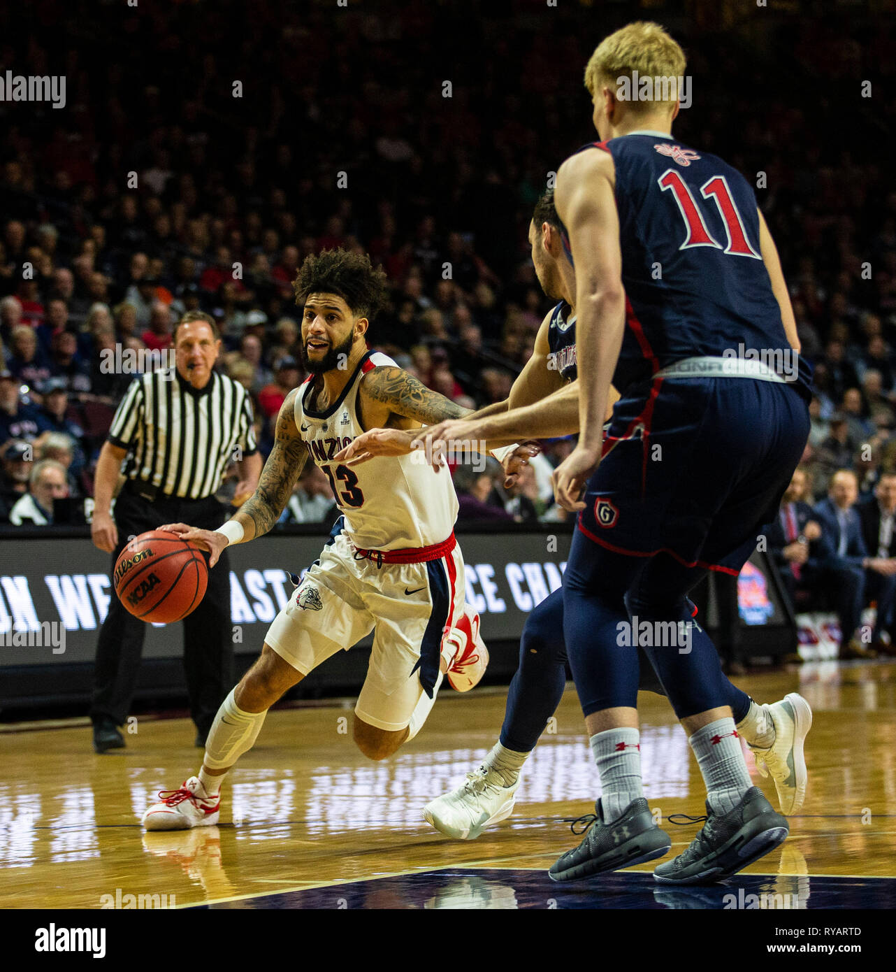 Mar 12 2019 Las Vegas, NV, U.S.A.Gonzaga guard Josh Perkins (13) drives to the basket during the NCAA West Coast Conference Men's Basketball Tournament championship between the Gonzaga Bulldogs and the Saint Mary's Gaels 47-60 lost at Orleans Arena Las Vegas, NV. Thurman James/CSM Stock Photo