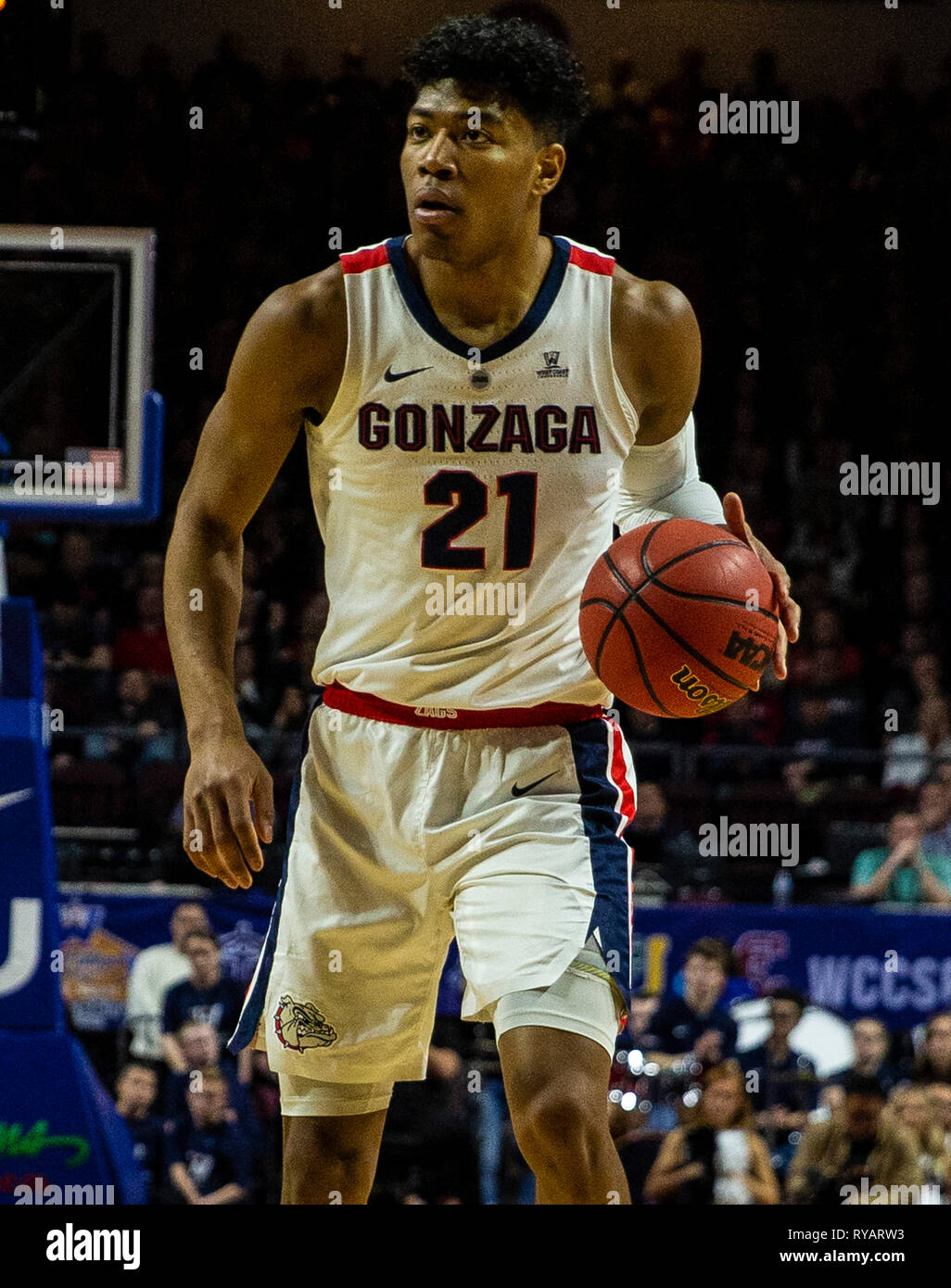 Mar 12 2019 Las Vegas, NV, U.S.A. Gonzaga forward Rui Hachimura (21) looks to pass the ball during the NCAA West Coast Conference Men's Basketball Tournament championship between the Gonzaga Bulldogs and the Saint Mary's Gaels 47-60 lost at Orleans Arena Las Vegas, NV. Thurman James/CSM Stock Photo