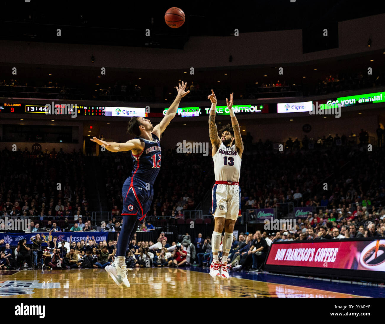Mar 12 2019 Las Vegas, NV, U.S.A.Gonzaga guard Josh Perkins (13) takes a shot during the NCAA West Coast Conference Men's Basketball Tournament championship between the Gonzaga Bulldogs and the Saint Mary's Gaels 47-60 lost at Orleans Arena Las Vegas, NV. Thurman James/CSM Stock Photo