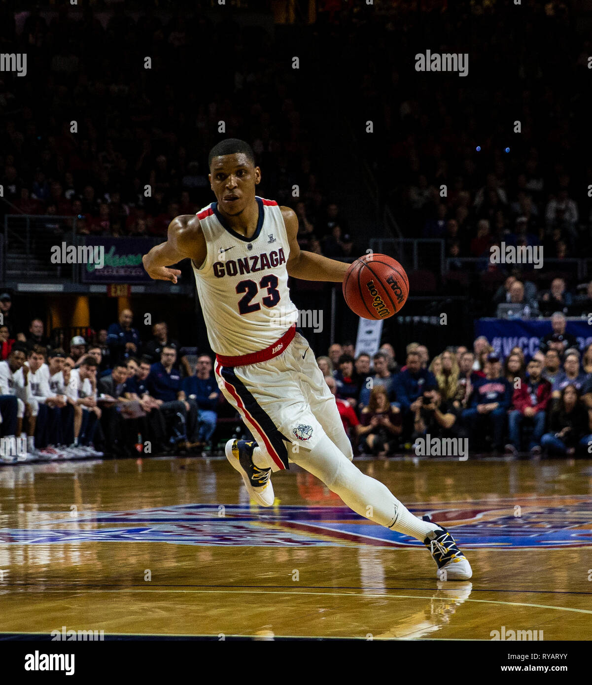Mar 12 2019 Las Vegas, NV, U.S.A. Gonzaga guard Zach Norvell Jr. (23)drives to the basket during the NCAA West Coast Conference Men's Basketball Tournament championship between the Gonzaga Bulldogs and the Saint Mary's Gaels 47-60 lost at Orleans Arena Las Vegas, NV. Thurman James/CSM Stock Photo