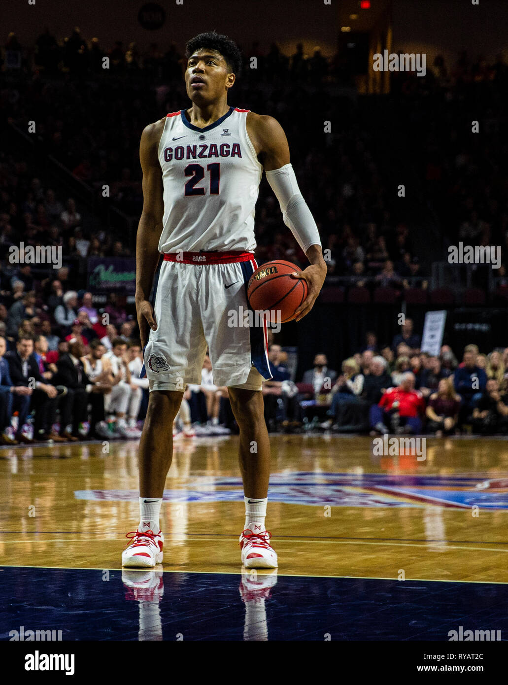 Mar 12 2019 Las Vegas, NV, U.S.A. Gonzaga forward Rui Hachimura (21) at the free throw line during the NCAA West Coast Conference Men's Basketball Tournament championship between the Gonzaga Bulldogs and the Saint Mary's Gaels 47-60 lost at Orleans Arena Las Vegas, NV. Thurman James/CSM Stock Photo