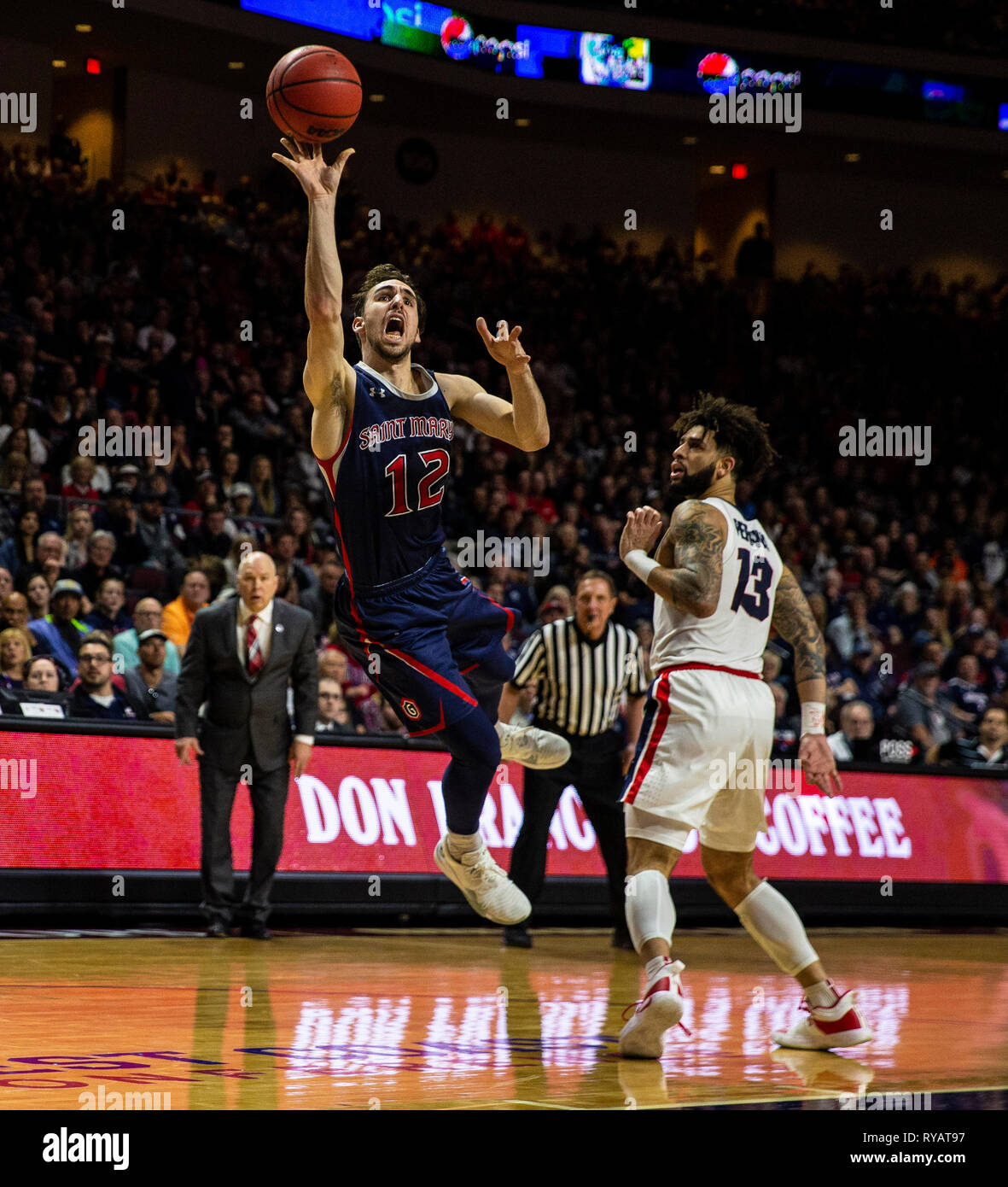 Mar 12 2019 Las Vegas, NV, U.S.A. St. Mary's guard Tommy Kuhse (12) drives to the basket during the NCAA West Coast Conference Men's Basketball Tournament championship between the Gonzaga Bulldogs and the Saint Mary's Gaels 60-47 win at Orleans Arena Las Vegas, NV. Thurman James/CSM Stock Photo