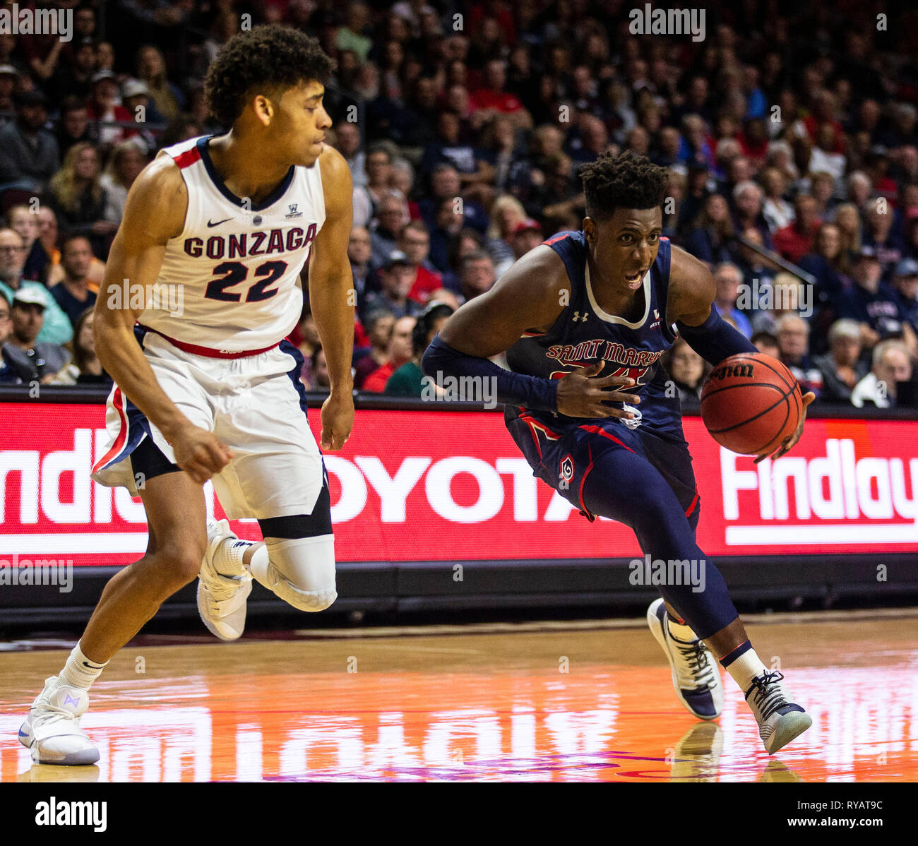 Mar 12 2019 Las Vegas, NV, U.S.A. St. Mary's forward Malik Fitts (24) drives to the basket during the NCAA West Coast Conference Men's Basketball Tournament championship between the Gonzaga Bulldogs and the Saint Mary's Gaels 60-47 win at Orleans Arena Las Vegas, NV. Thurman James/CSM Stock Photo