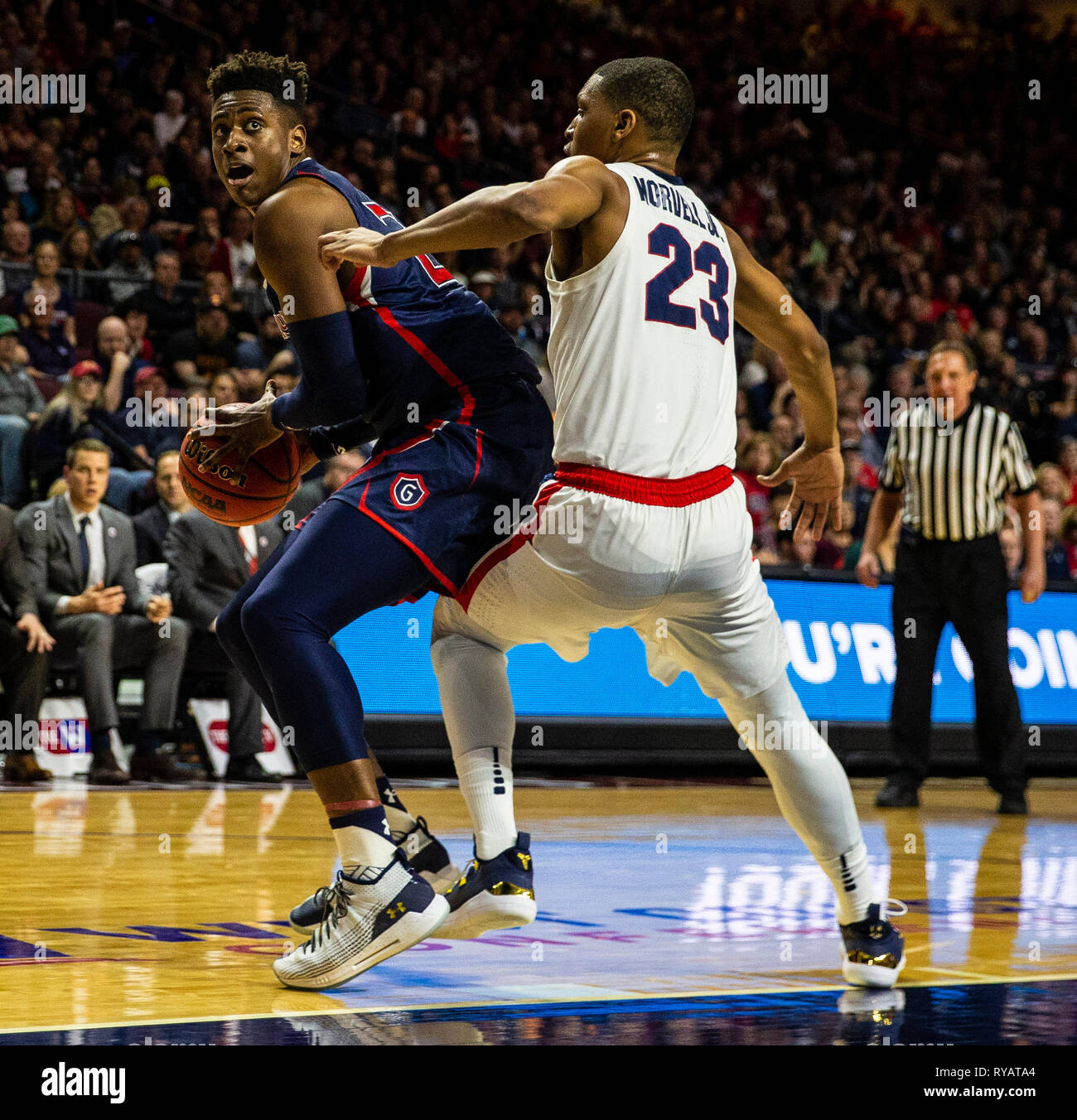 Mar 12 2019 Las Vegas, NV, U.S.A. St. Mary's forward Malik Fitts (24) drives to the basket during the NCAA West Coast Conference Men's Basketball Tournament championship between the Gonzaga Bulldogs and the Saint Mary's Gaels 60-47 win at Orleans Arena Las Vegas, NV. Thurman James/CSM Stock Photo