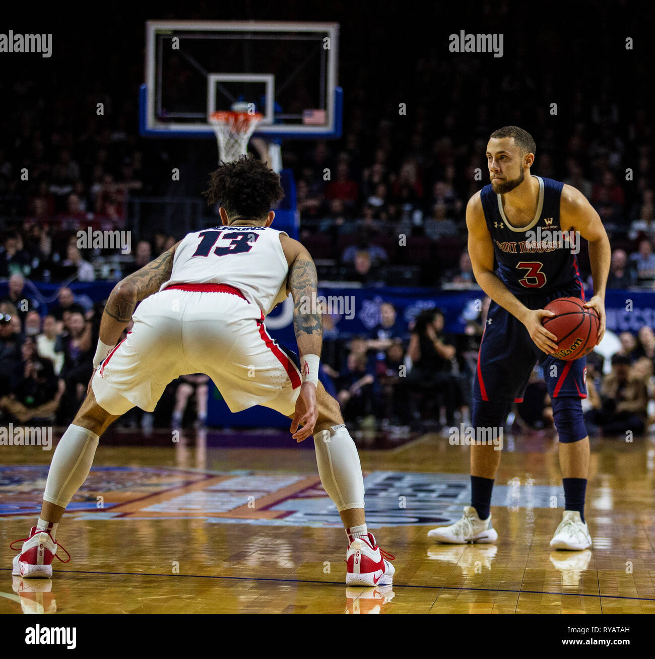 Mar 12 2019 Las Vegas, NV, U.S.A. St. Mary's guard Jordan Ford (3) sets the play during the NCAA West Coast Conference Men's Basketball Tournament championship between the Gonzaga Bulldogs and the Saint Mary's Gaels 60-47 win at Orleans Arena Las Vegas, NV. Thurman James/CSM Stock Photo