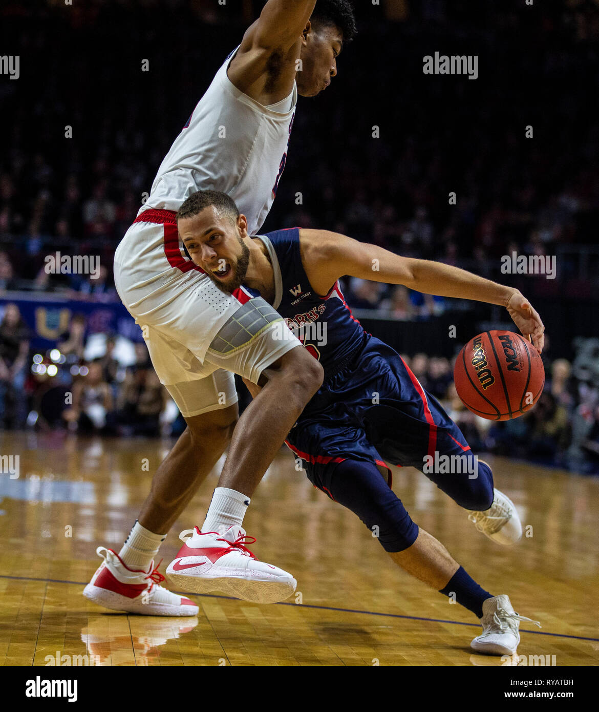 Mar 12 2019 Las Vegas, NV, U.S.A. St. Mary's guard Jordan Ford (3) drives to the basket during the NCAA West Coast Conference Men's Basketball Tournament championship between the Gonzaga Bulldogs and the Saint Mary's Gaels 60-47 win at Orleans Arena Las Vegas, NV. Thurman James/CSM Stock Photo