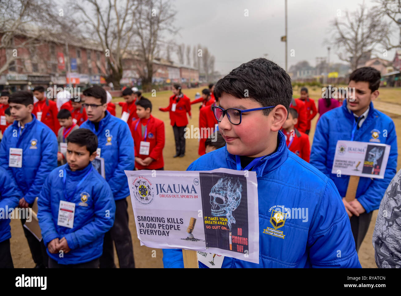 Srinagar, Jammu and Kashmir, India. 13th Mar, 2019. Kashmiri students are seen holding placards during a rally marking No Smoking Day in Srinagar.No Smoking Day is observed every year on the second Wednesday of March. Credit: Idrees Abbas/SOPA Images/ZUMA Wire/Alamy Live News Stock Photo