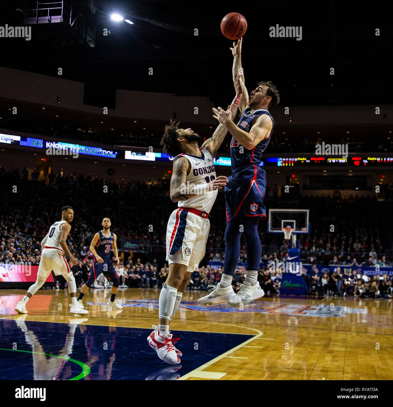 Mar 12 2019 Las Vegas, NV, U.S.A. St. Mary's guard Tommy Kuhse (12) drives to the basket during the NCAA West Coast Conference Men's Basketball Tournament championship between the Gonzaga Bulldogs and the Saint Mary's Gaels 60-47 win at Orleans Arena Las Vegas, NV. Thurman James/CSM Stock Photo