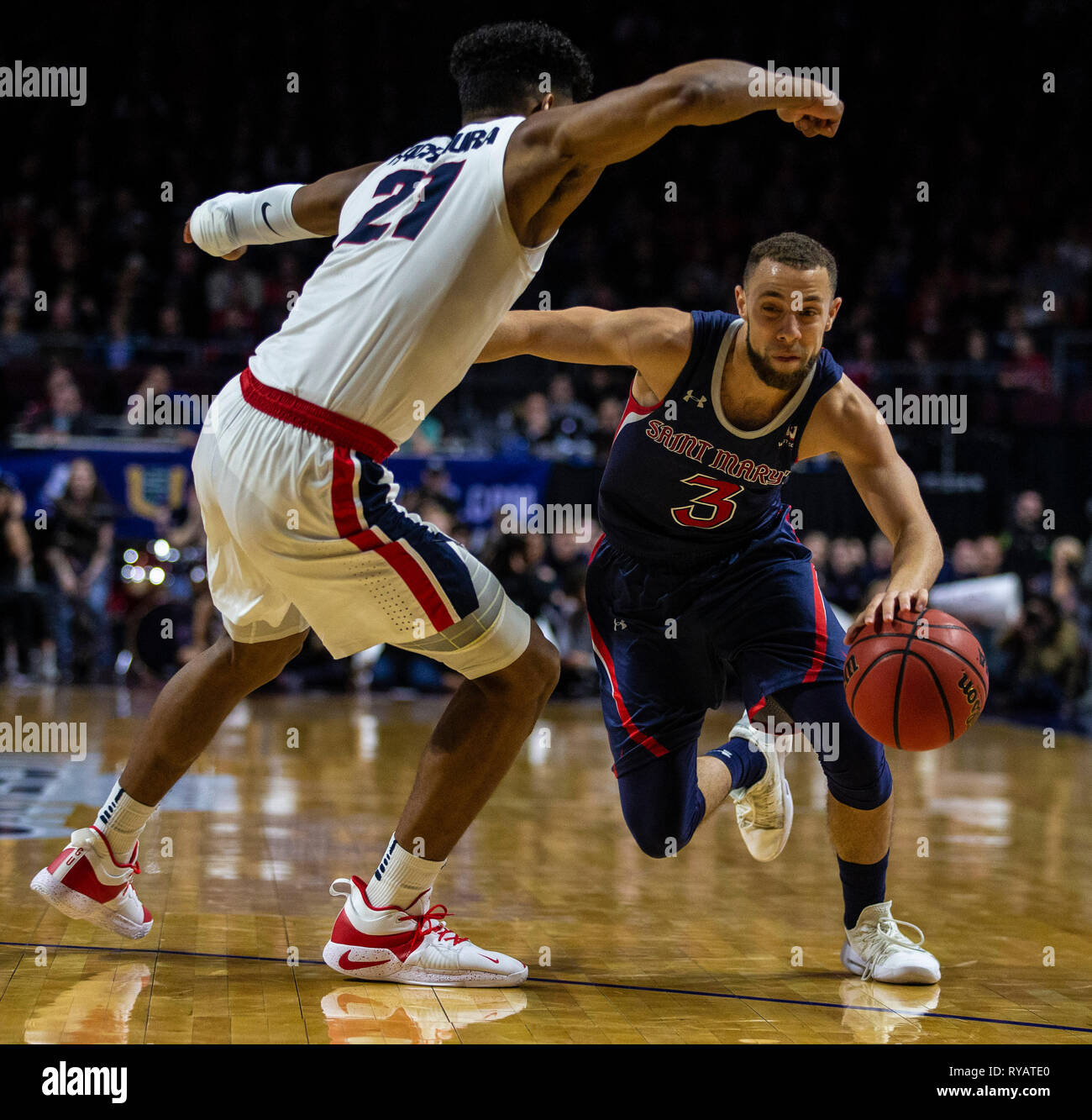 Mar 12 2019 Las Vegas, NV, U.S.A. St. Mary's guard Jordan Ford (3) drives to the basket during the NCAA West Coast Conference Men's Basketball Tournament championship between the Gonzaga Bulldogs and the Saint Mary's Gaels 60-47 win at Orleans Arena Las Vegas, NV. Thurman James/CSM Stock Photo